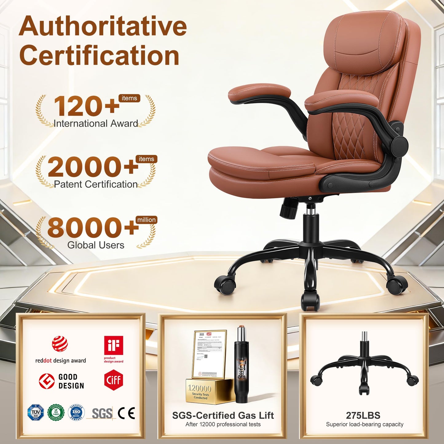 Leather Office Chair, Upgraded Double-Layer Seat Cushion and Neckrest PU Computer Desk Chairs, 360°Swivel, Ergonomic Small Gaming Chair with Wheels and Adjustable Armrests for Short People, Brown