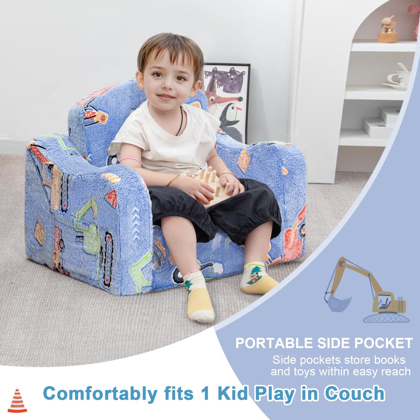 Airpanda Comfy Kids Chair and Couch with Blanket,2-in-1 Soft Fold Out Couch for Girls and Boys,Convertible Sofa Chair for Playroom,Car Excavator
