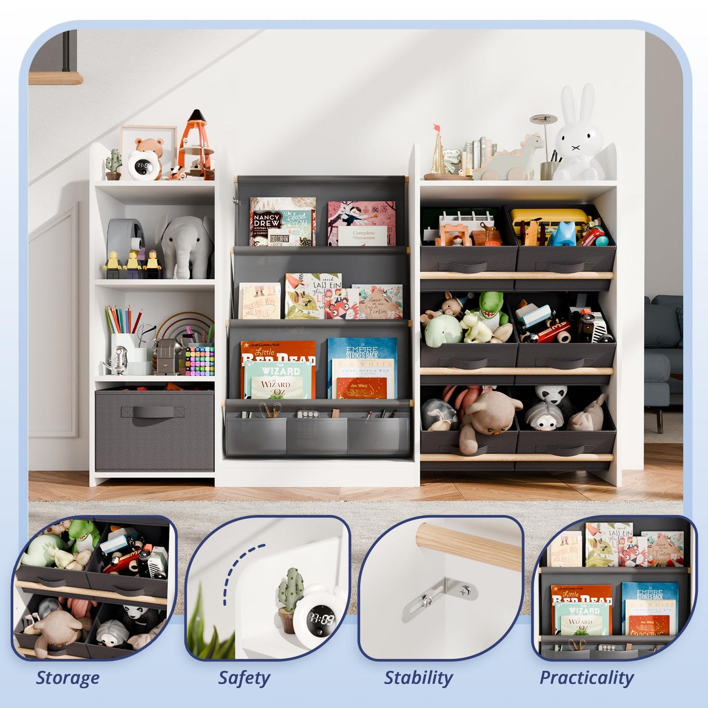 IKALIFE Kids Toy Book Storage Organizer - Large Bookshelf with 7 Removable Bins, Baby Bookshelf and Toy Storage, 4-Tier Book Shelf for Kids Room, Playroom, Classroom, 51 inch, White