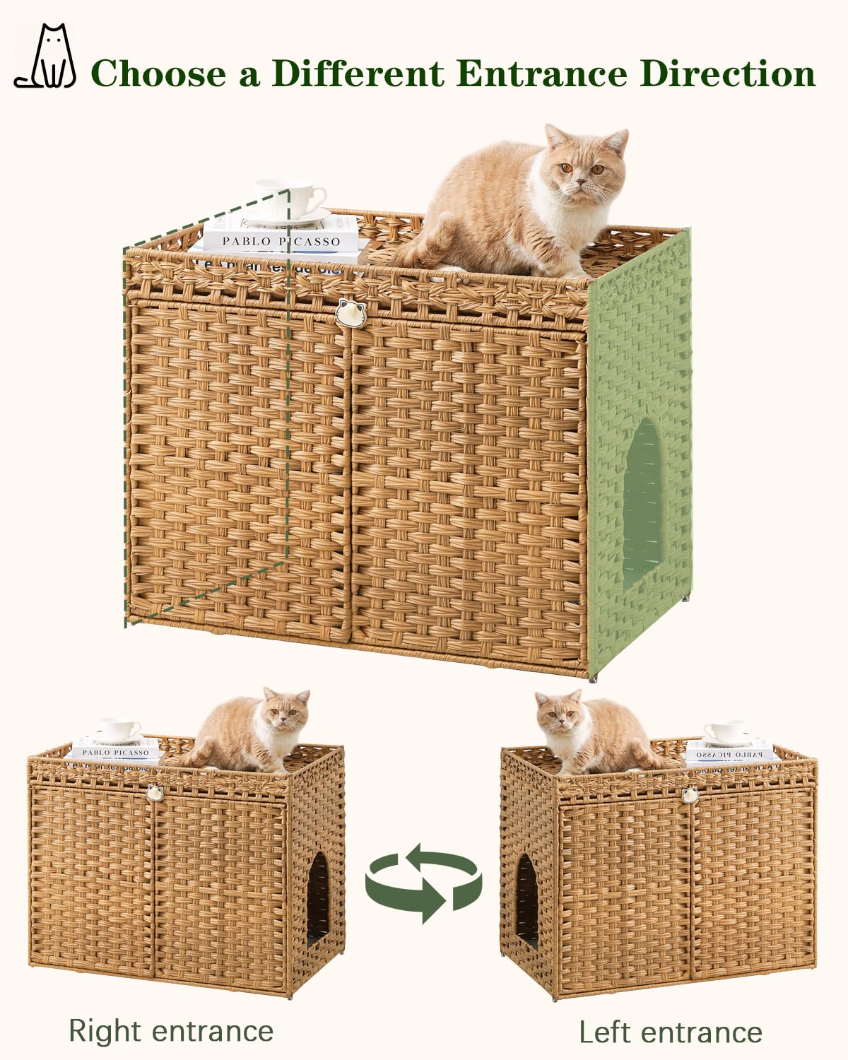 SETVSON Cat Litter Box Enclosure Furniture, Handwoven Rattan Hidden Litter Box with Mat, Large Space Cat House with 2 S-Shaped Hooks 30.3 x 18.3 x 24.4 Inches, Indoor for Living Room Apartment Natural