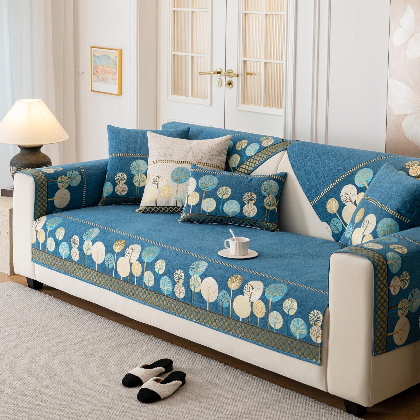 tianxinbaobei Boho Couch Cover, Non Slip Washable Sofa Covers, Chenille Couch Covers Quilted, Bohemian Sofa Slipcovers, Furniture Protector for Armrest and Backrest(Blue,28"x28",1pc)