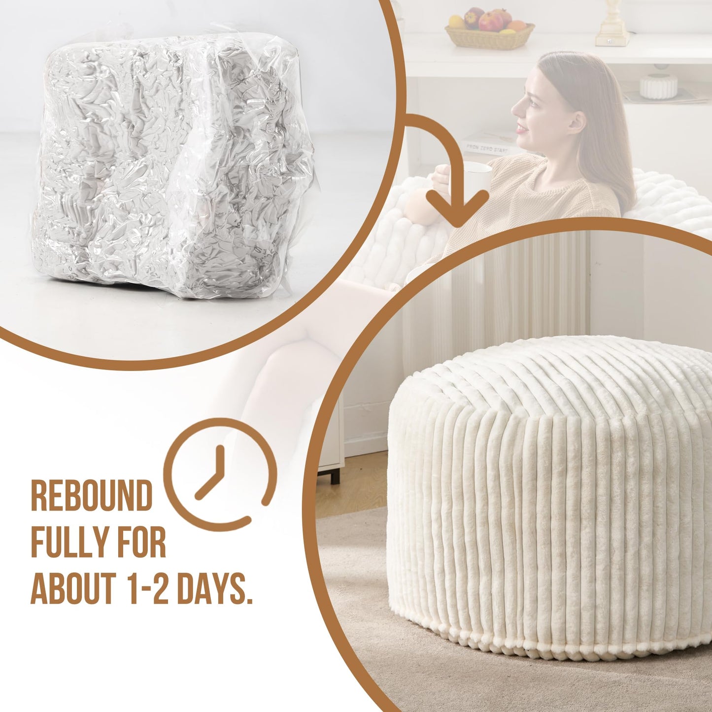 Hobestluk 3ft Bean Bag Chairs for Adults Large Beanbag Chair with Stripe Plush Cover Big Bean Bag Chair for Living Room Bedroom Dorm Office - White (36” x 36” x 22”)