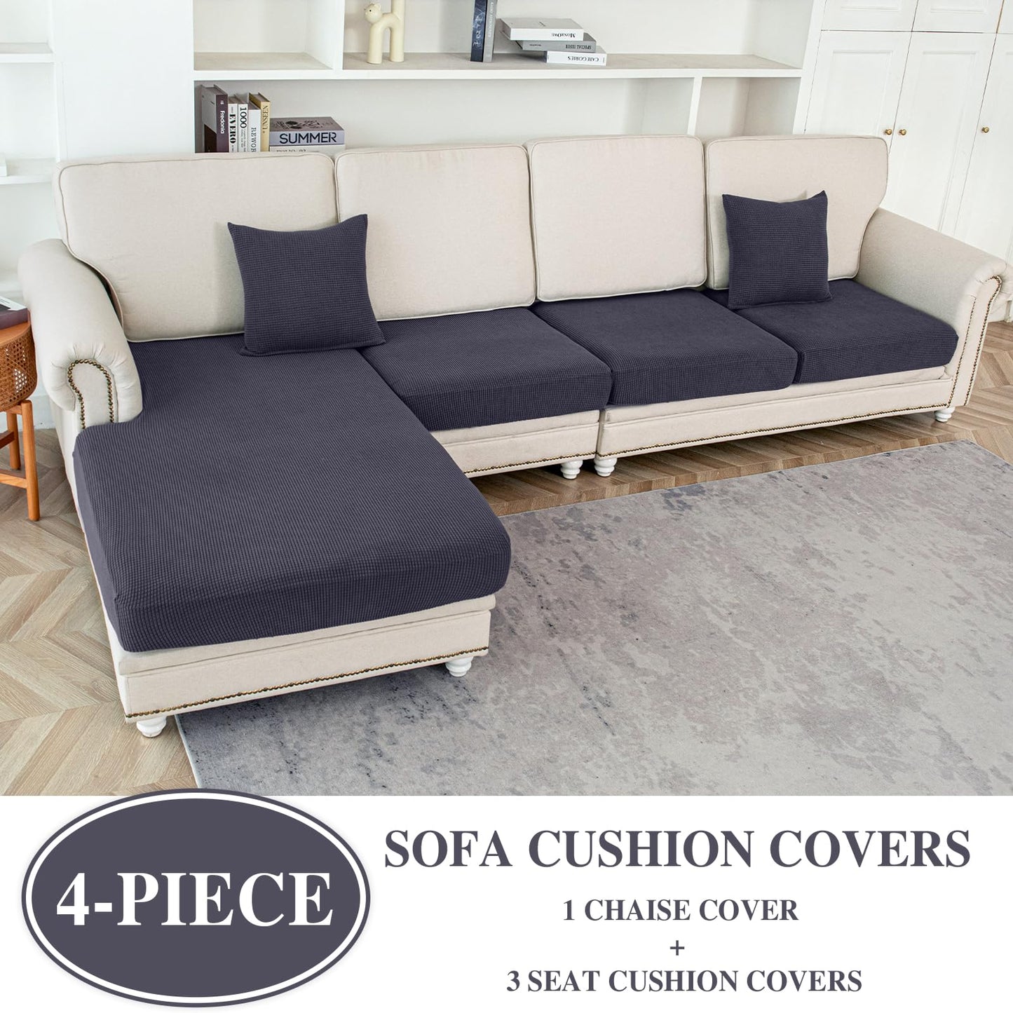 LA MEACK Couch Cushion Covers for Sectional Sofa L Shape Washable Separate Seat Chaise Couch Cover Stretch Sofa Slipcovers with 2 Pcs Pillowcases(3 Seater + 1 Chaise, Dark Grey)