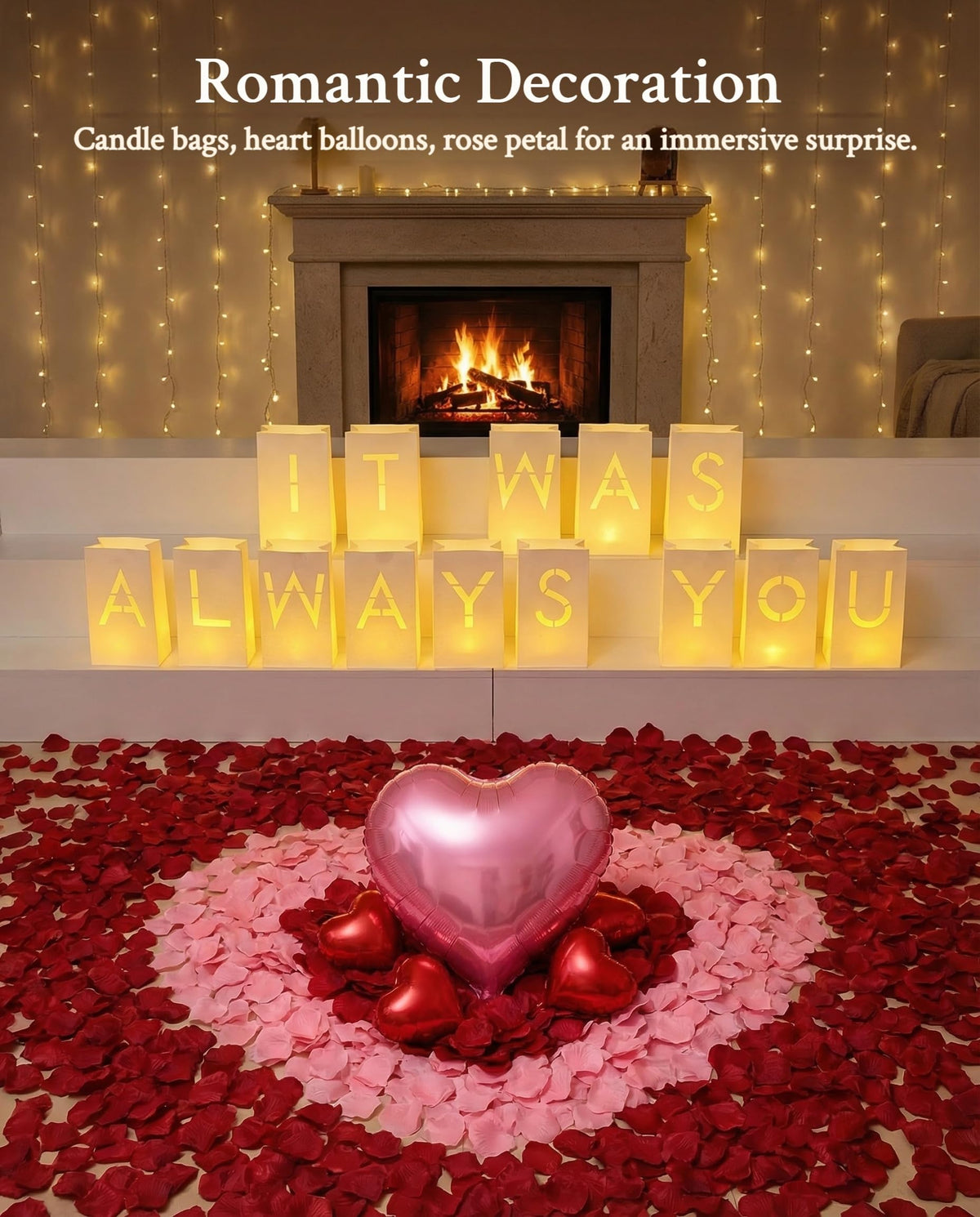 JZLiner It was Always You Light Up Letters Include Romantic Fake Rose Petals and LED Candles Heart Balloons Set Decorations