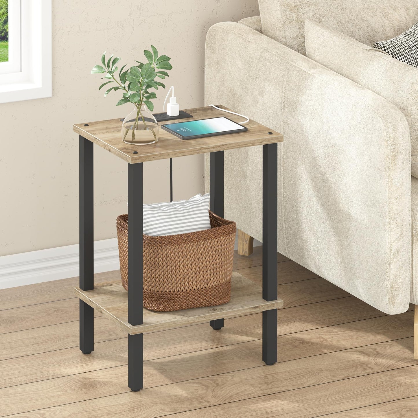 TUTOTAK End Table with Charging Station, Small Side Table with Outlets, Nightstand Bedside Table, 2-Tier Storage Shelf for Small Space, Living Room, Bedroom, Greige TB01BG040