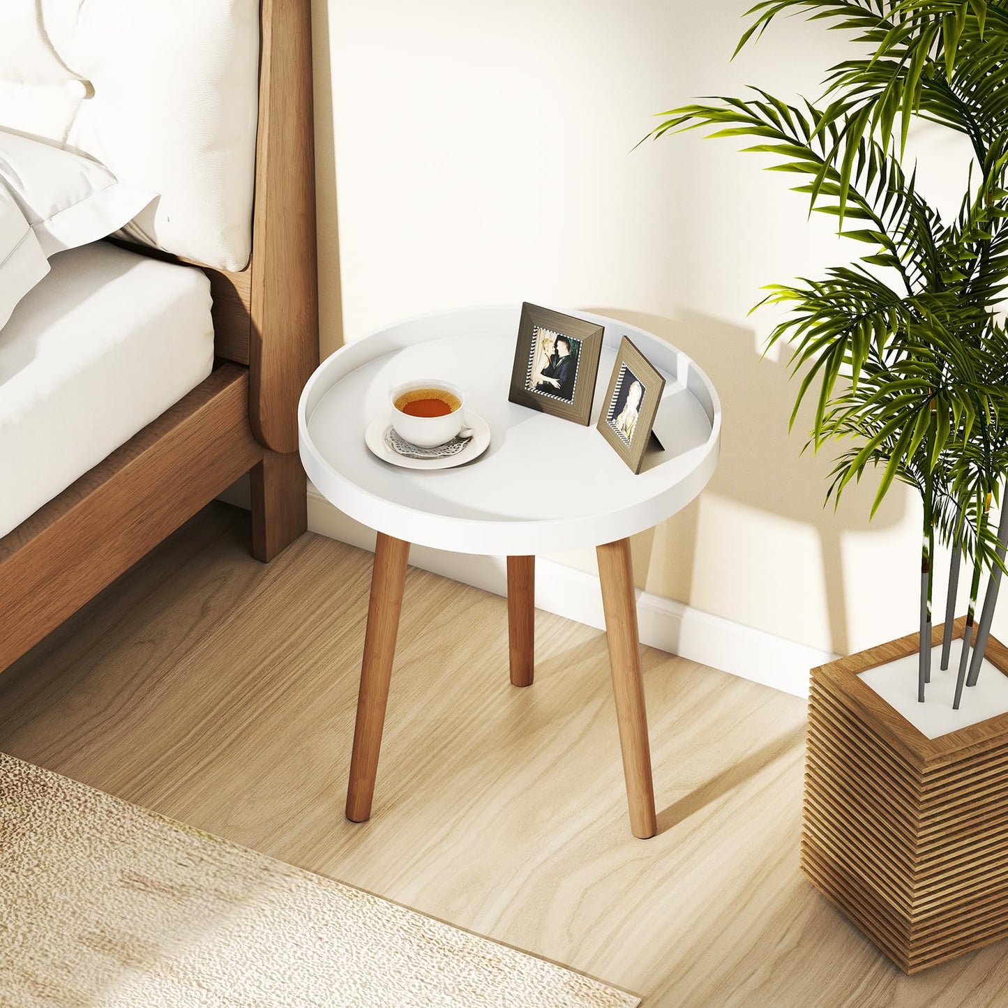 Giantex Round Side Table, End Table with Wooden Tray, Sturdy Tripod Stand & Premium Metal Connectors, Round Sofa Side Table for Living Room, Office, Bedroom Nightstand, White (1)