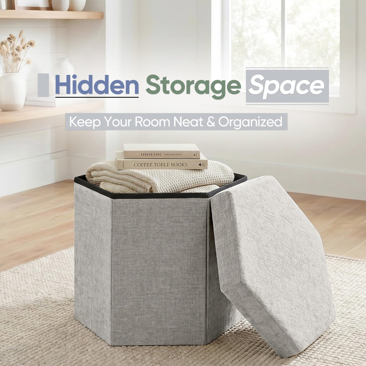ZOLANOful Hexagon Storage Ottoman, Foldable Chenille FootRest with Hidden Storage, Small Ottoman Footstool for Living Room, Bedroom, Dorm, Entryway, 15 x 16.9 x 15 Inches, White