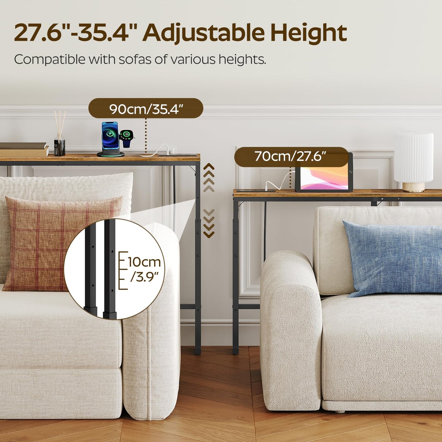 YATINEY 78.7" Narrow Console Table with Adjustable Height (27.6"-35.4"), L Shaped Sofa Table Narrow Long, Skinny Behind Couch Table with USB-C Ports, 5.9" Wide Sofa Side Table, Rustic Brown CT29UBR