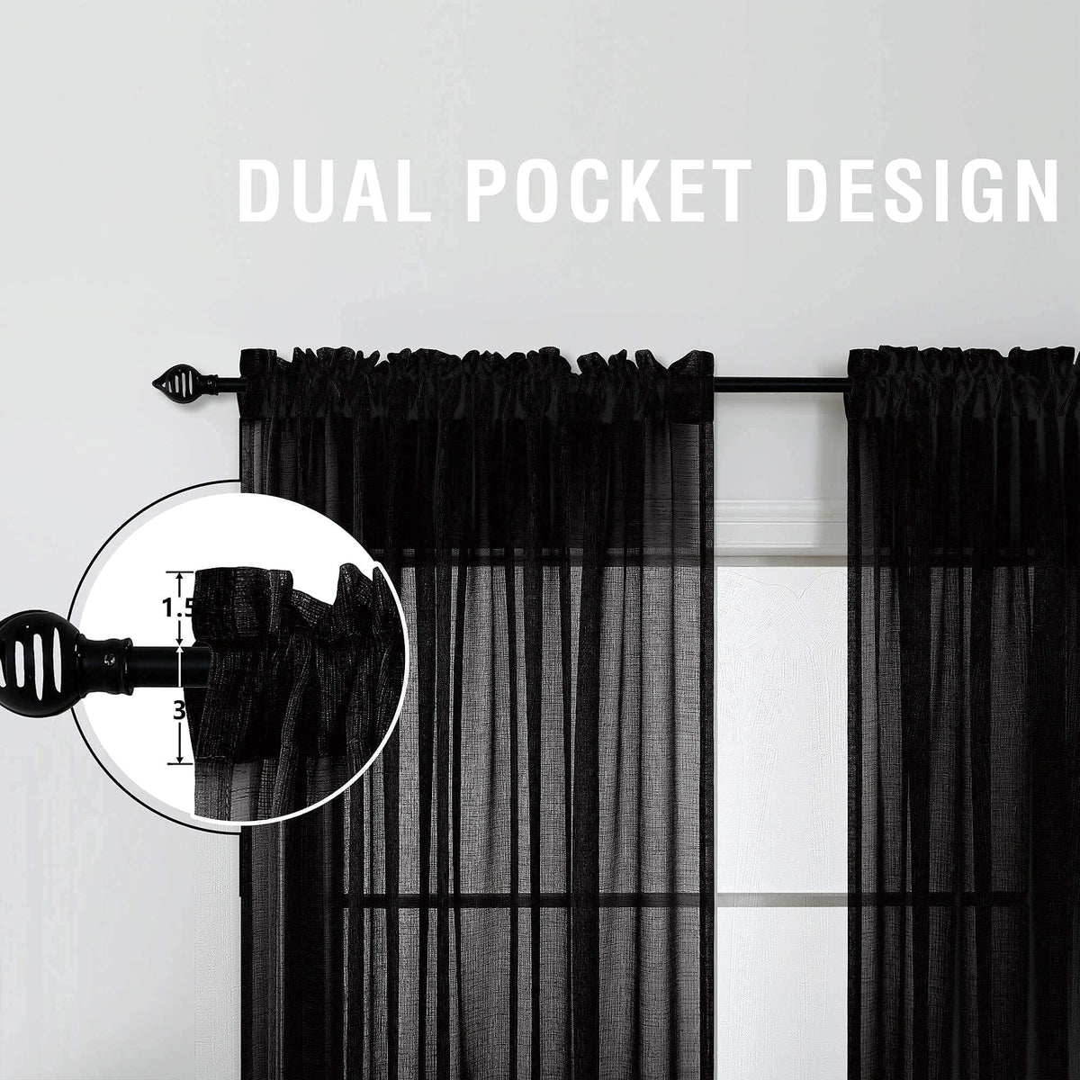 KOUFALL Black Sheer Curtains 84 Inches Long for Bedroom 2 Panels Set,Linen Look Rod Pocket Semi Light Filtering Boho Gothic Curtains for Living Room Window