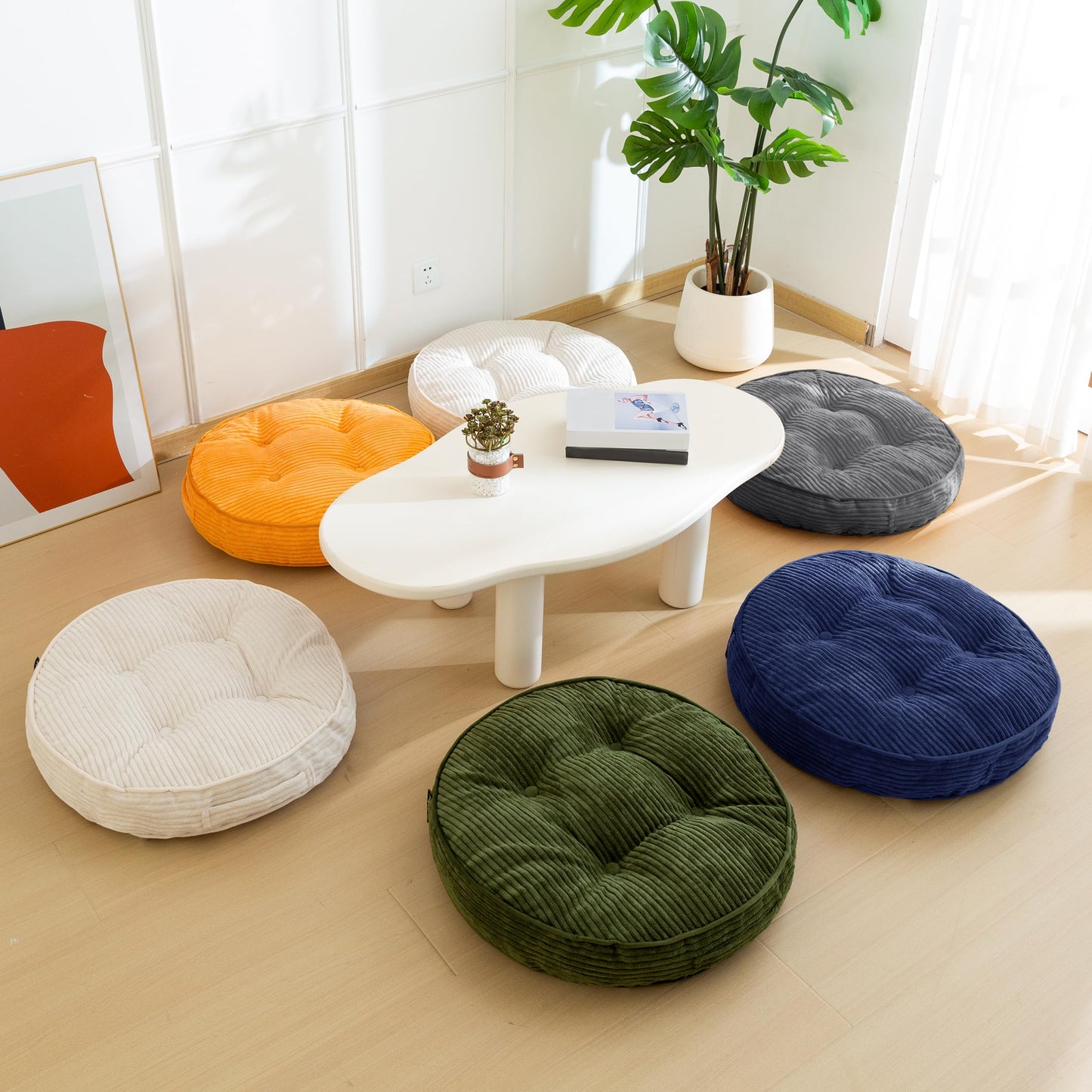 HIGOGOGO 4" Floor Pillow Cushion for Adults, Meditation Cushion Pillow, Large Round Floor Sitting, Tufted Corduroy Cover, for Tatami Living Room or Yoga, 22x22 Inch, Dark Green