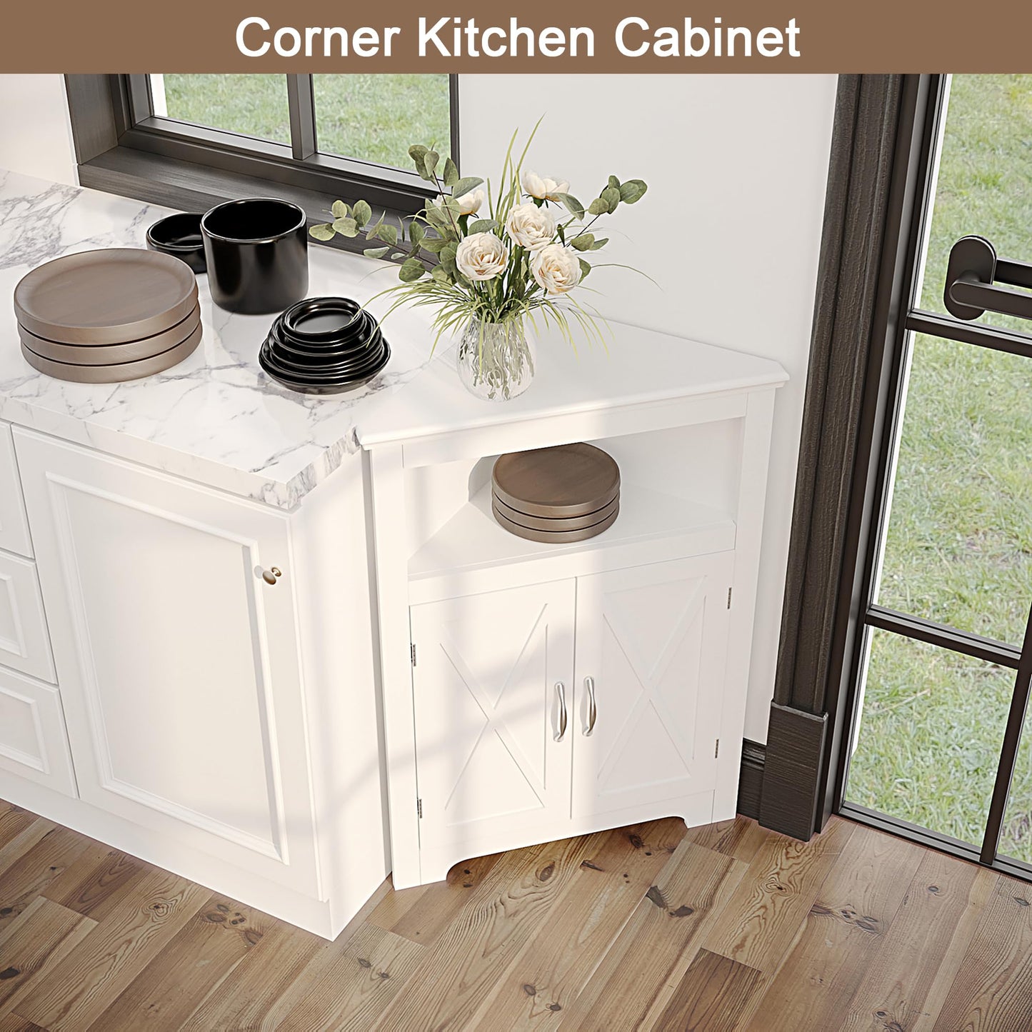 ChooChoo Corner Storage Cabinet, Small Corner Cabinet with Barn Door Design and Adjustable Shelf, Home Space Saver for Living Room, Bathroom, Kitchen, White