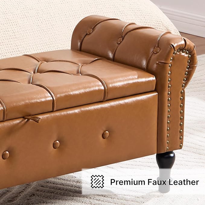 Storage Bench for Bedroom, Faux Leather 51" End of Bed Bench, Queen Size Bench