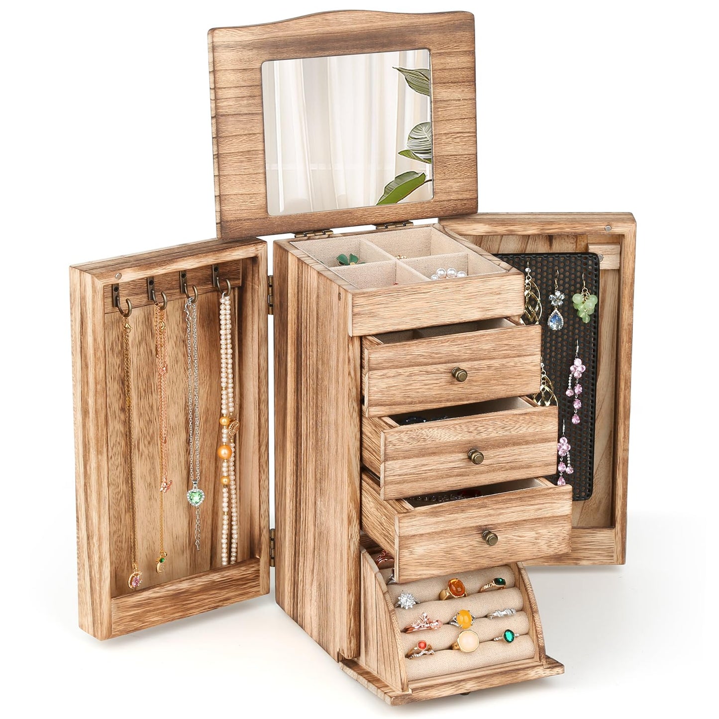 Meangood Jewelry Box Jewelry Organizer, 5-Layer Wooden Jewelry Organizers and Storage Boxes for Women Girls, Ring Earring Bracelet Necklace Holder Organizer with Mirror & Drawers (Carbonized Black)