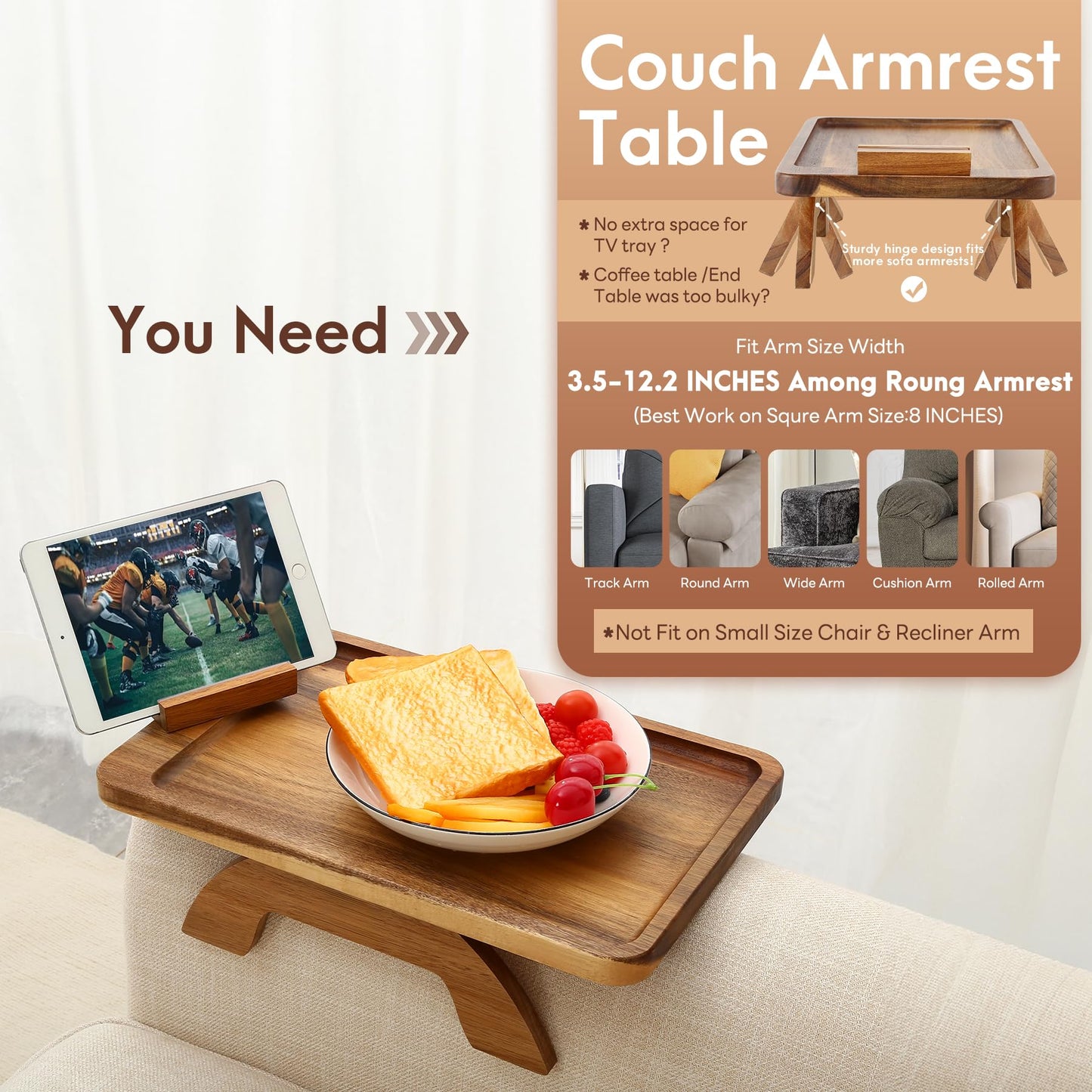 SINWANT Couch Arm Tray, Acacia Wood Sofa Arm Rest Table Clip on Wide Armrest,Folding Anti Slip Couch Armrest Table with 360° Rotating Phone Holder for Snacks,Drinks,Remotes