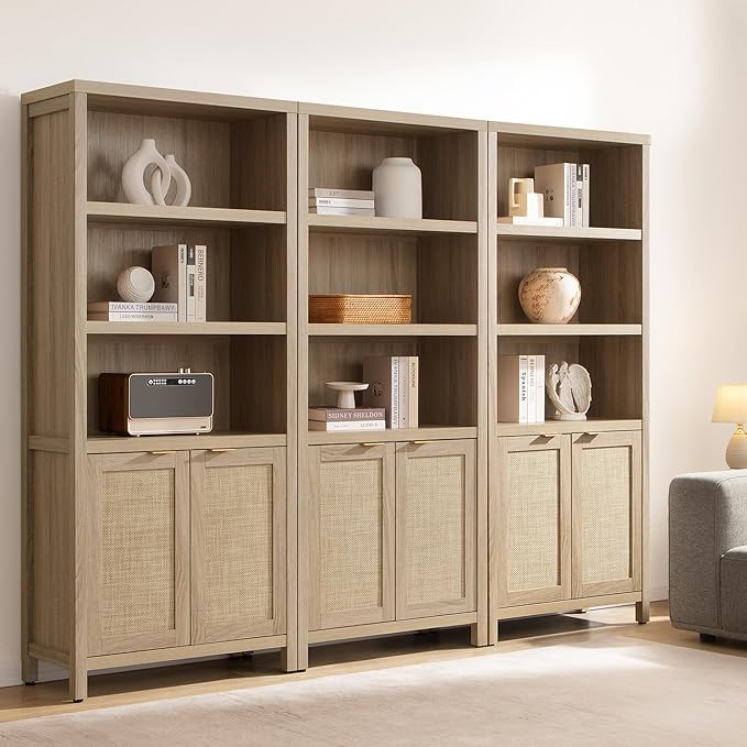 SICOTAS Bookcase 71" Tall Bookshelf 5 Tier Rattan Boho Bookcase