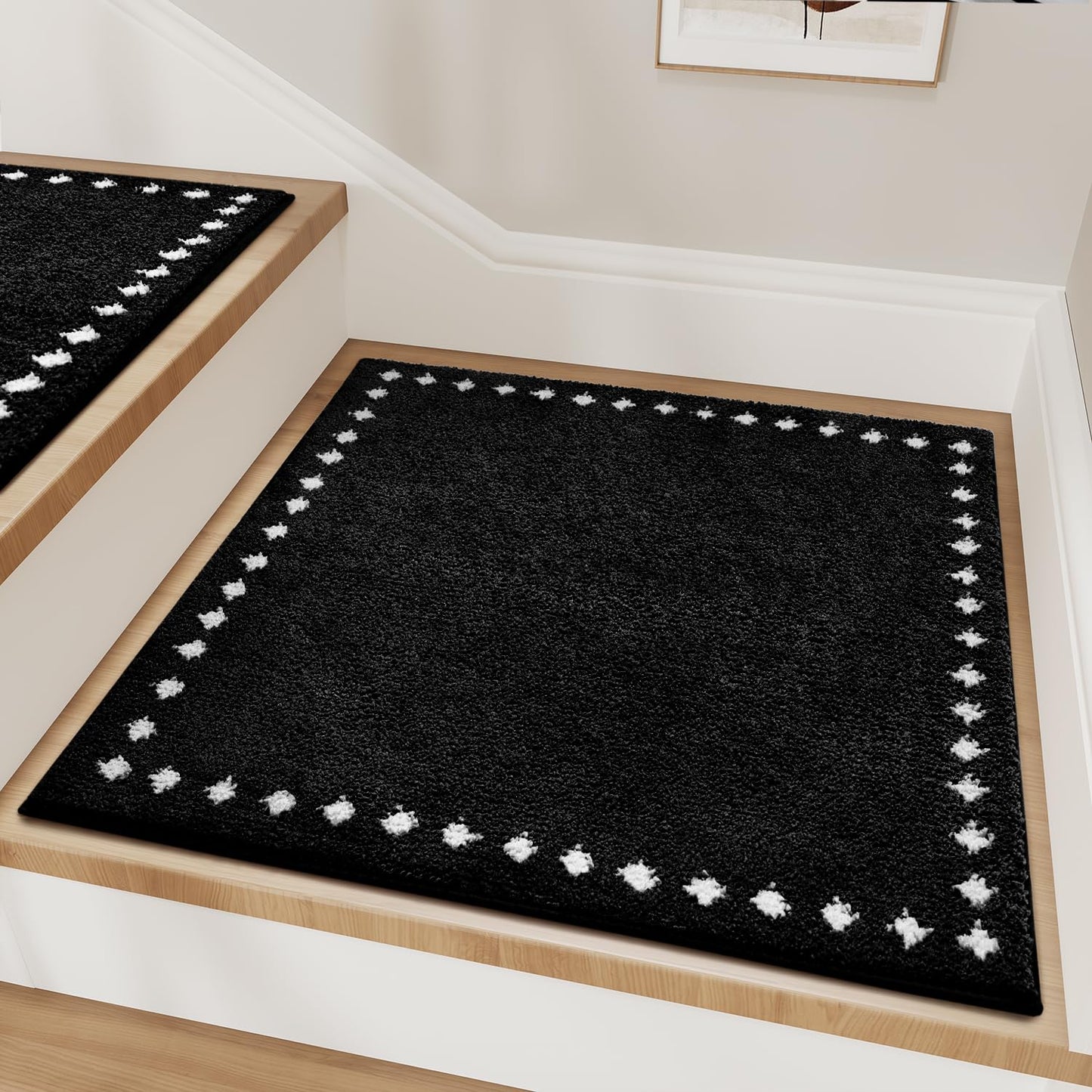 tchdio Stair Treads Landing-Rug Non Slip, Soft Stair Treads for Wooden Steps Indoor, Stair Carpet Treads Reusable Adhesive for Kids Elders and Pets, Washable Stair Rugs Stair Runner 31"x31" Black