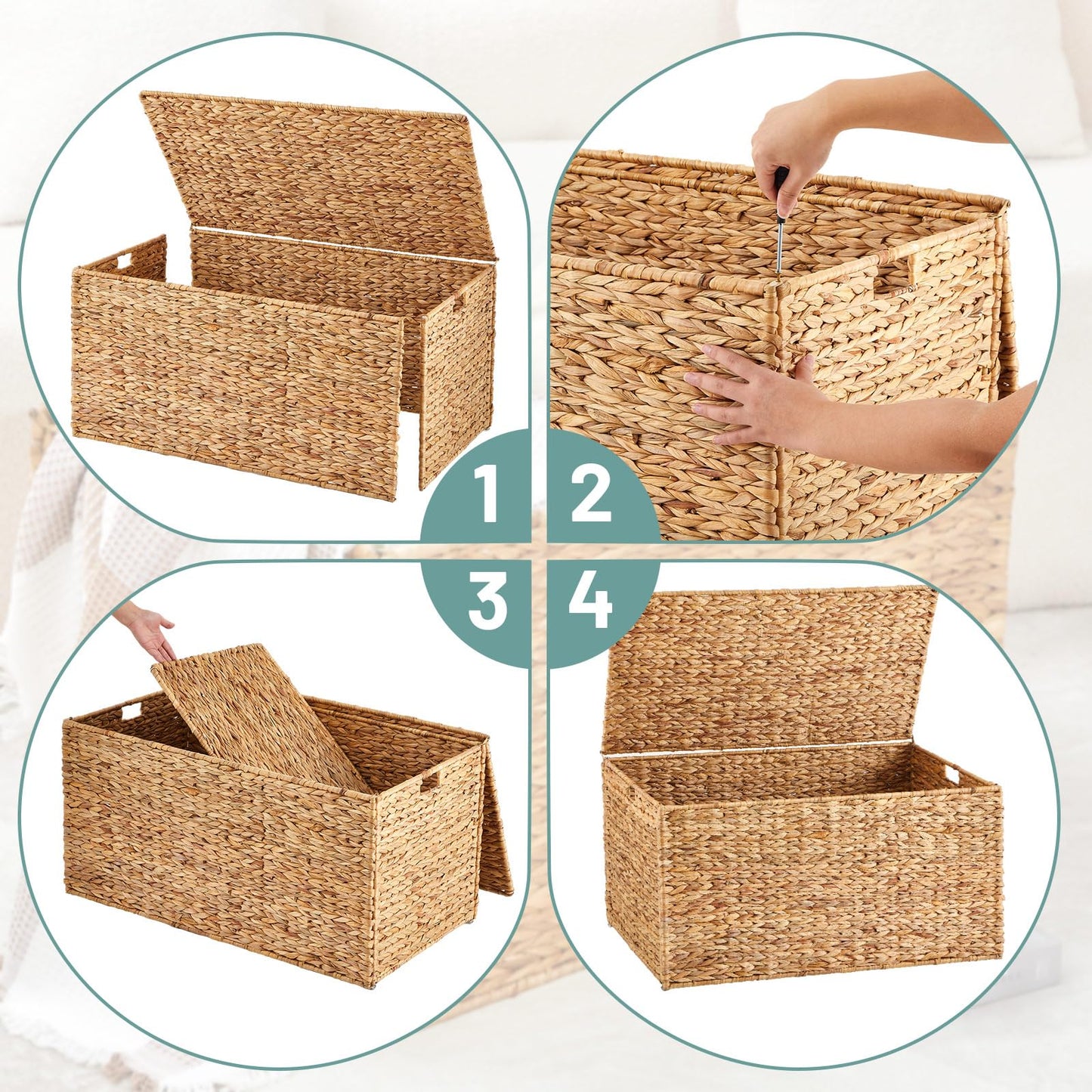 Wonderjune 36 x 20 x 18.5 Inch Water Hyacinth Wicker Storage Trunk with Metal Frame, Heavy Duty Storage Chest with Lid Large Rattan Basket for Blankets, Seasonal Clothes, Extra Bedding (Natural)