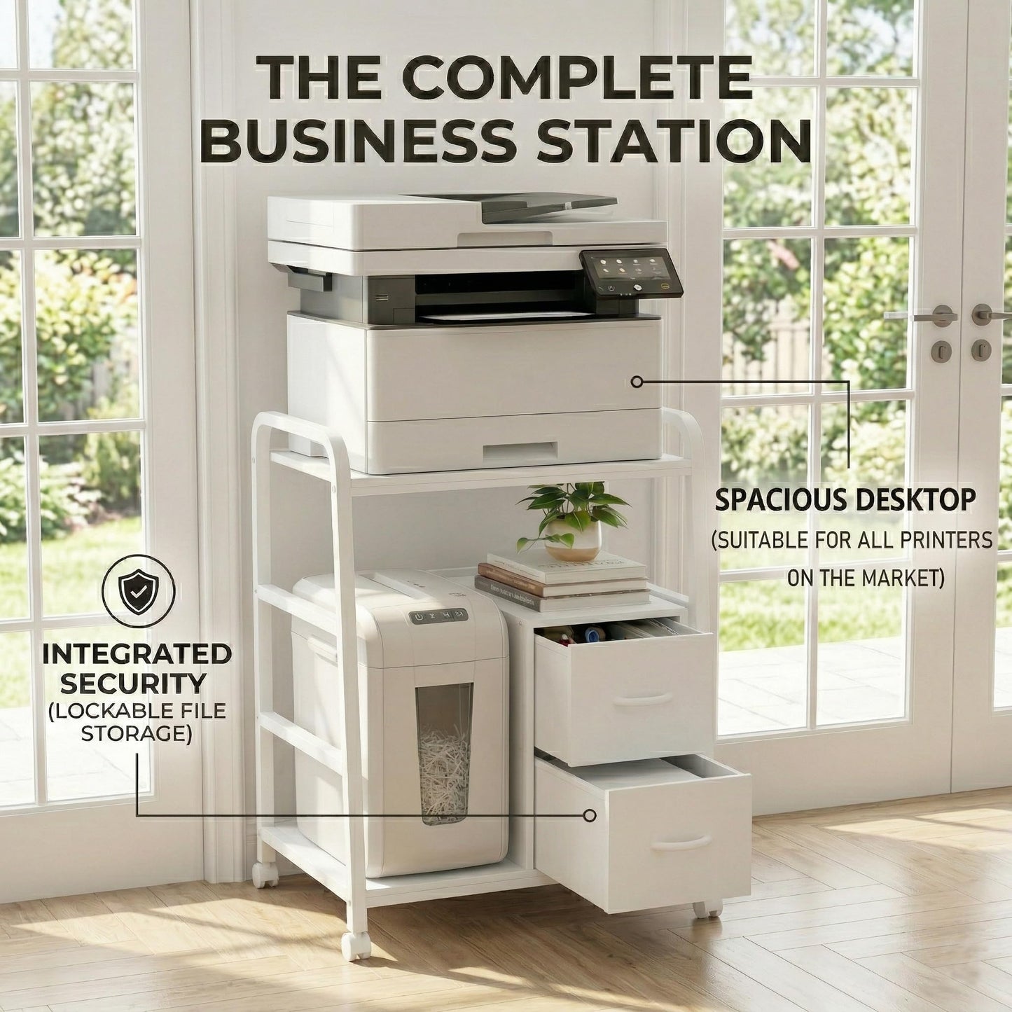 ZEXVIDA Printer Stand Featuring Fabric Drawers, Under Desk Host Computer Cabinet and Shredder Shelf, Heavy Duty Printer Stand with Storage Workstation Organization Printer Table for Home Office