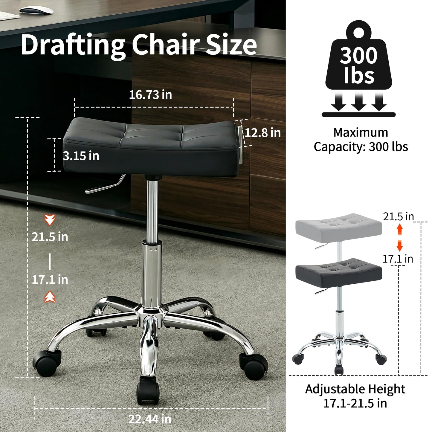 FIRAVOE Office Stool with Wheels (300lbs Capacity) (Adjustable Height 17-21 inch) Black Faux Leather Workbench Stool (Black)