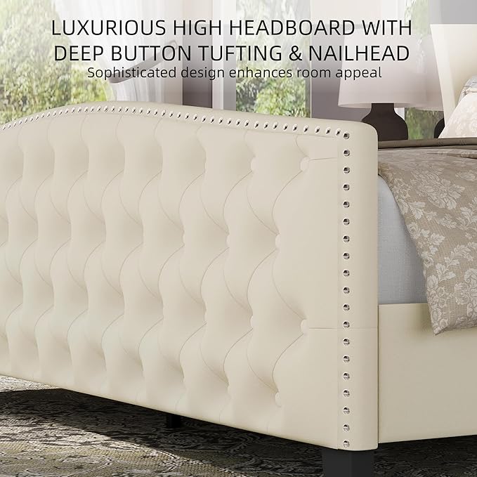 BRELTAM Upholstered Queen Size Bed Frame Velvet Beige Tufted Platform Bed Frame