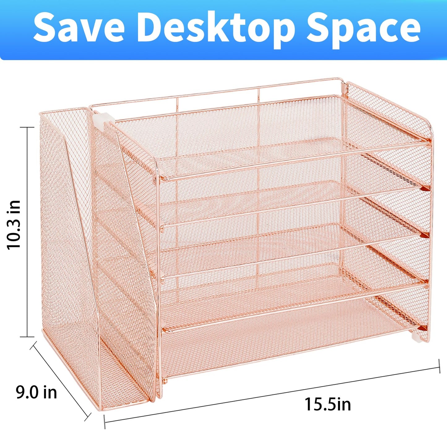 OPNICE Desk Organizer, 5-Tier Paper Organizer Letter Tray with Magazine Holder, Office Desk Accessories & Workspace Organizers, Desktop File Organizer for Office Supplies Storage, Rose Gold