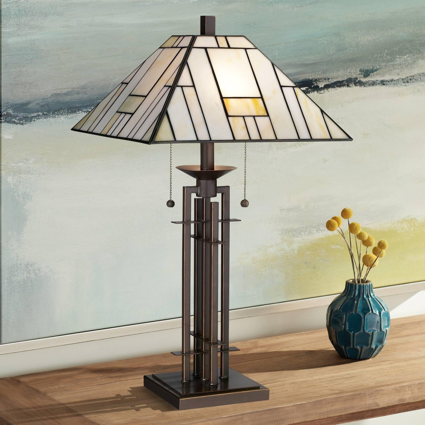 Franklin Iron Works Mission Tiffany Style Table Lamp Art Deco 26.25" High Wrought Iron Dark Bronze Brown Gold White Stained Glass Shade for Living Room Bedroom House Bedside Nightstand Home Office