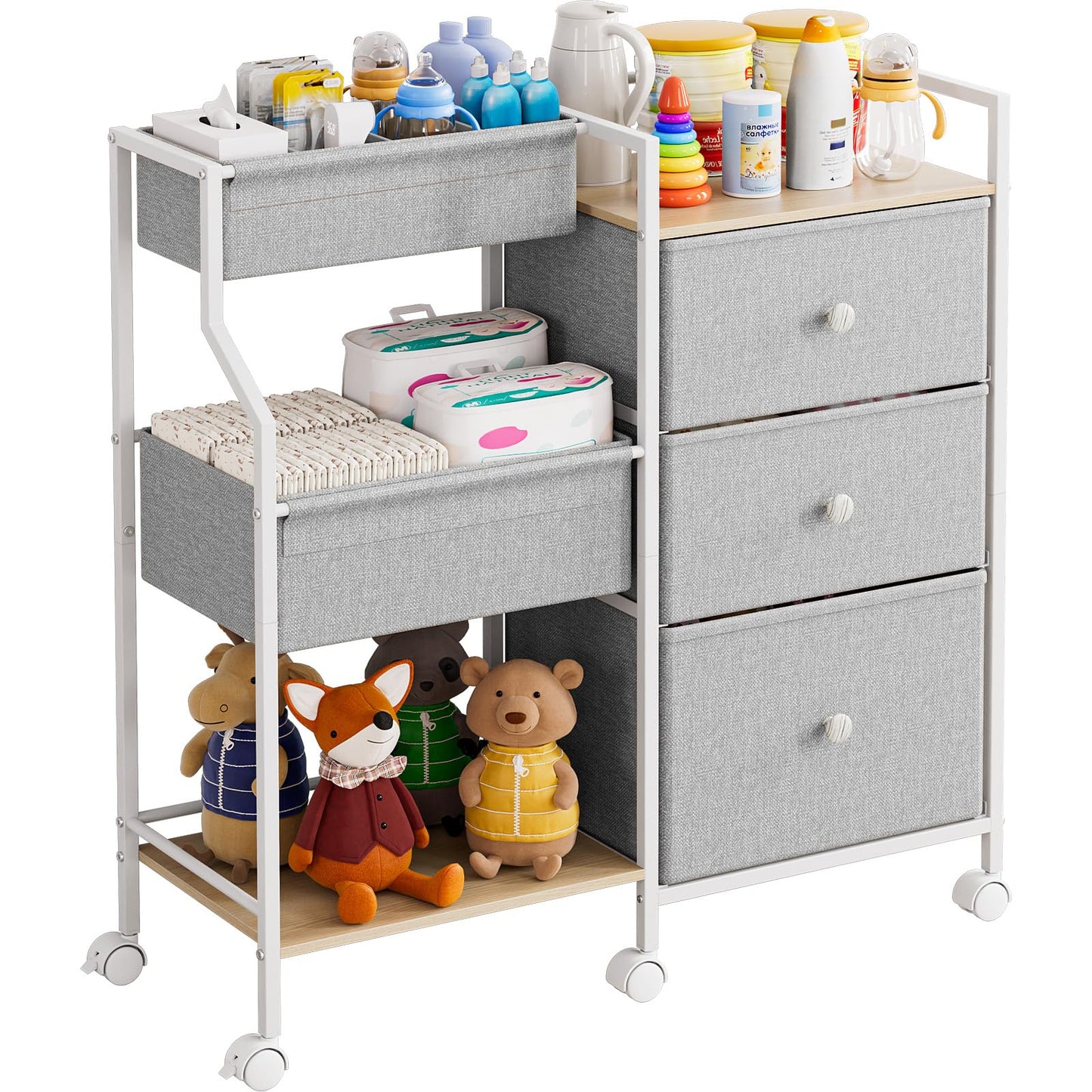 Modanais Baby Organizer and Storage - 3 Tier Rolling Cart with Dividers and Drawers, Easy To Assemble, Mobile Utility Cart with Wheels for Nursery, Bedroom, Changing Table & Crib,Light Gray