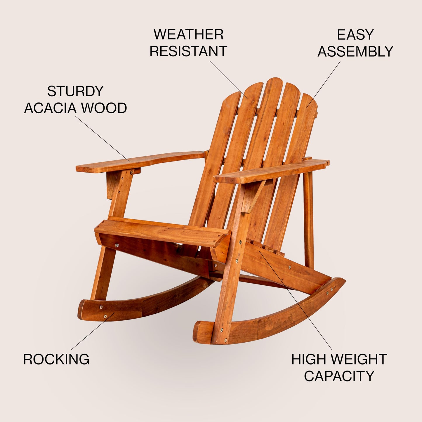 JONATHAN Y Kiawah Acacia Wood Adirondack Rocking Chair, Weather-Resistant Outdoor Slatted Rocker for Patio, Deck, Garden and Fire Pit, Solid Wood Lawn Seating, Light Brown PAT1000A