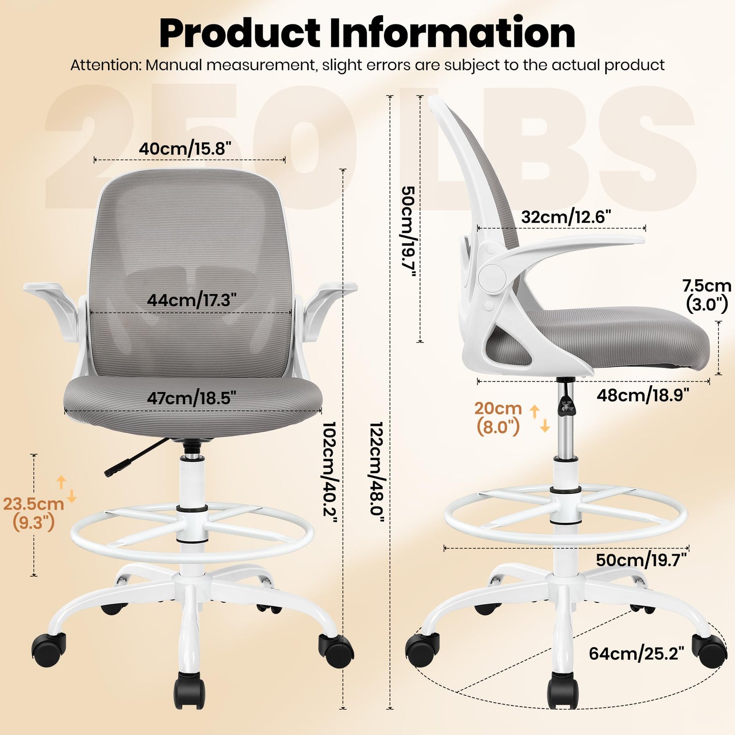 Ergonomic Drafting Chair with Flip-Up Armrests & Adjustable Footrest – Tall Office Chair for Standing Desks, Lumbar Support, Gray – Home & Office Comfort