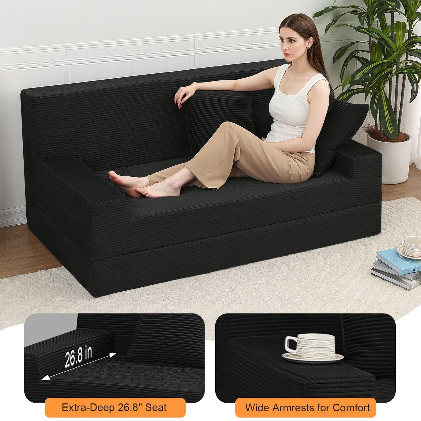 MeMoreCool Folding Sofa Bed Boneless Couch, 59" Loveseat Convertible Futon, Corduroy Foldable 2-in-1 Floor Sleeper for Small Living Room, Apartment, Guest Room, Foam Support & Washable Cover, Black