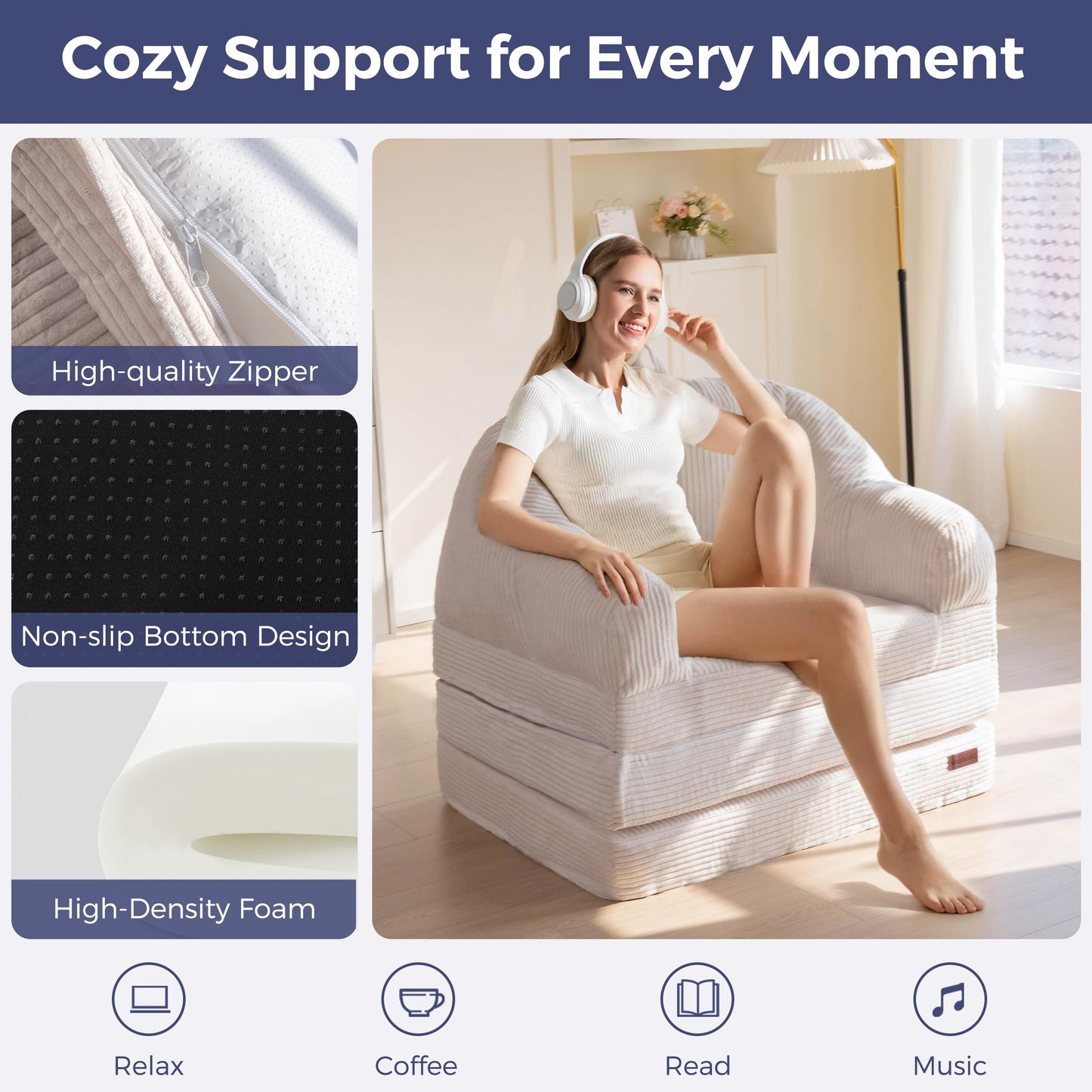 MAXYOYO Folding Sofa Bed with Backrest, Boneless Fold Out Couch Bed with Handle, 2 in 1 Convertible Bean Bag Chair to Floor Sofa Lounger, Comfy Folding Couch for Bedroom & Living Room, Beige