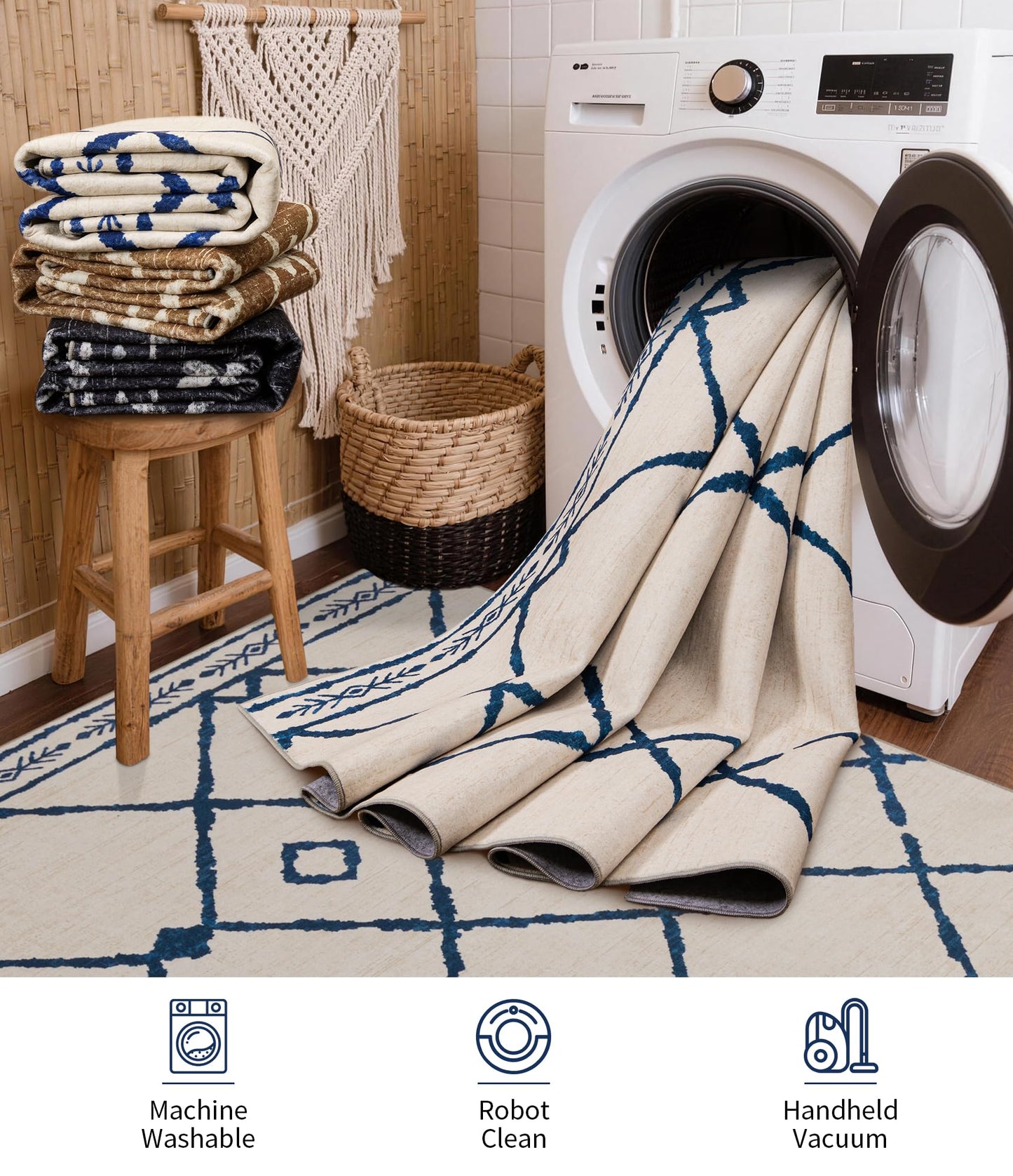 YIHOUSE Boho Rugs for Living Room, 6x9 Western Beige and Blue Area Rug, Moroccan Geometric Soft Low-Pile Washable Rugs for Bedroom, Dining Room