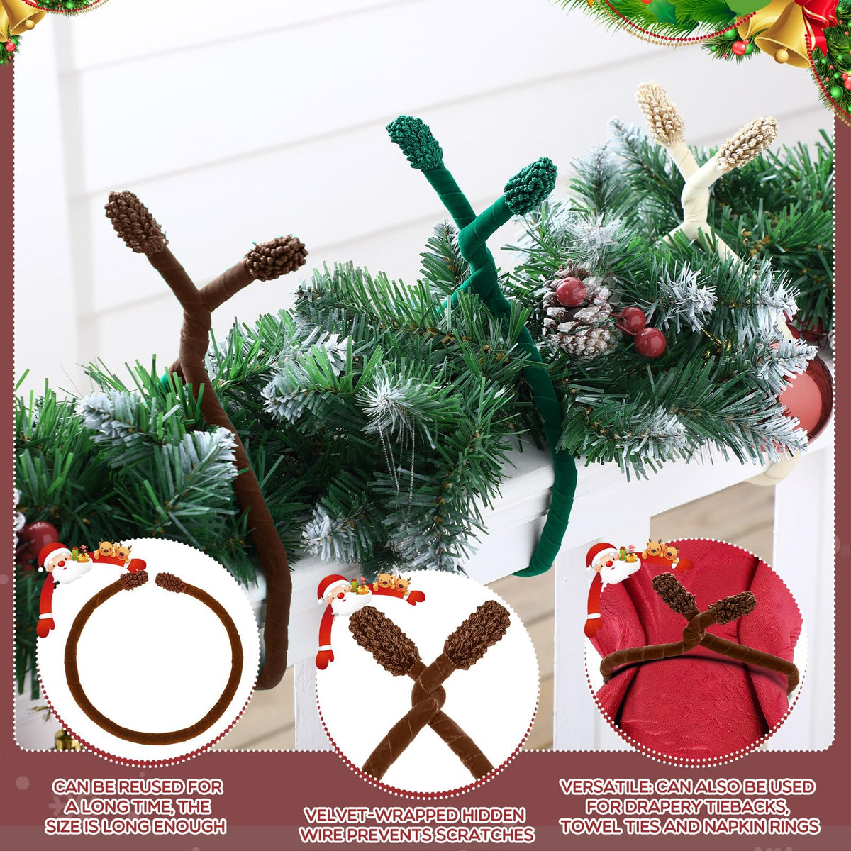 Zhengmy 16 Pcs 25 Inches Christmas Velvet Garland Ties Christmas Decorative Twist Ties for Banister Stairway Railing Reusable Flexible Twist for Xmas Home Decor Holiday Craft Wrapping(Earth Tones)