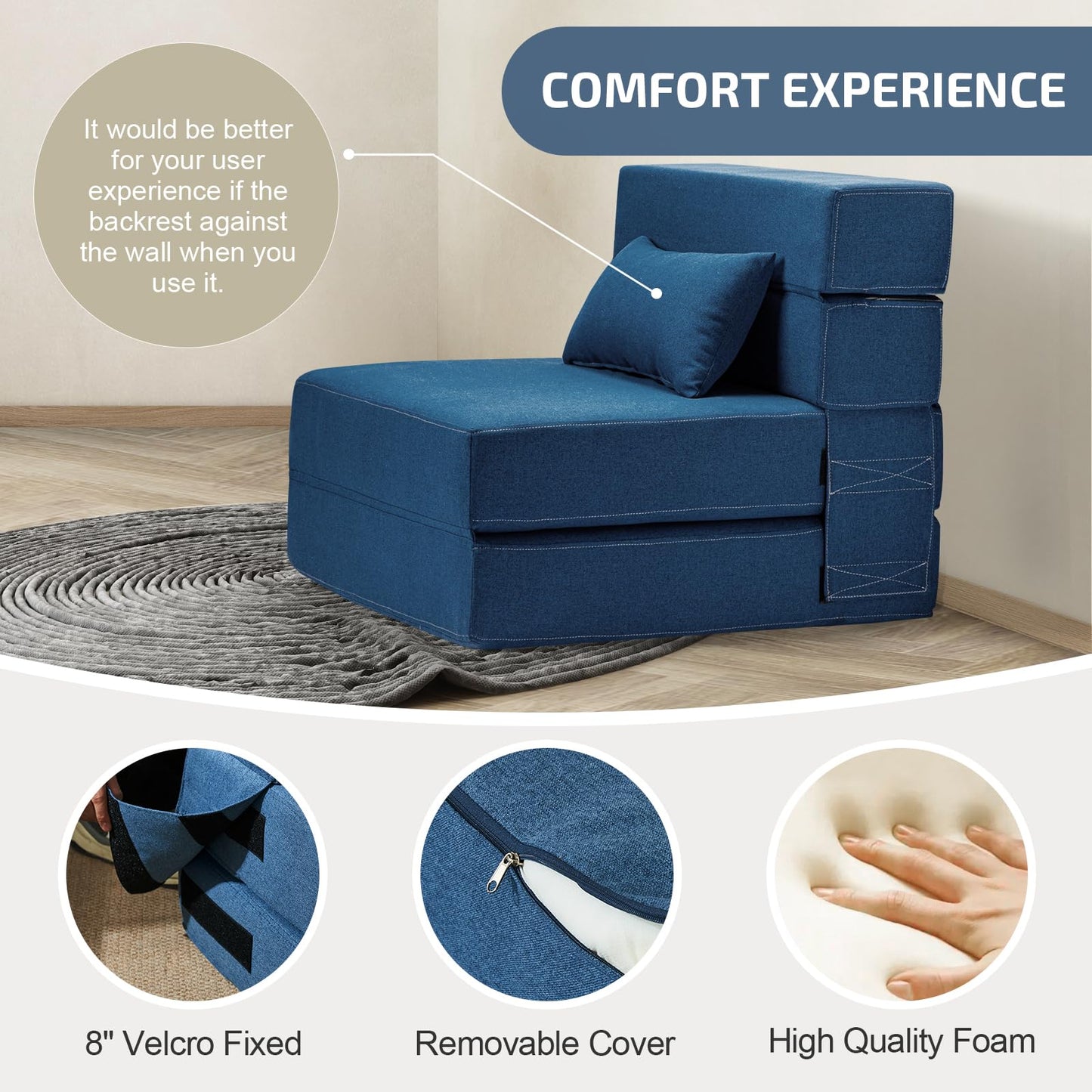 SUYOLS Folding Sofa Bed with Pillow- Convertible Chair Floor Couch & Sleeping Mattress, Foldable Memory Foam Sleeper for Living Room/Dorm/Guest Room/Home Office/Apartment/Loft, Single28,Navy Blue