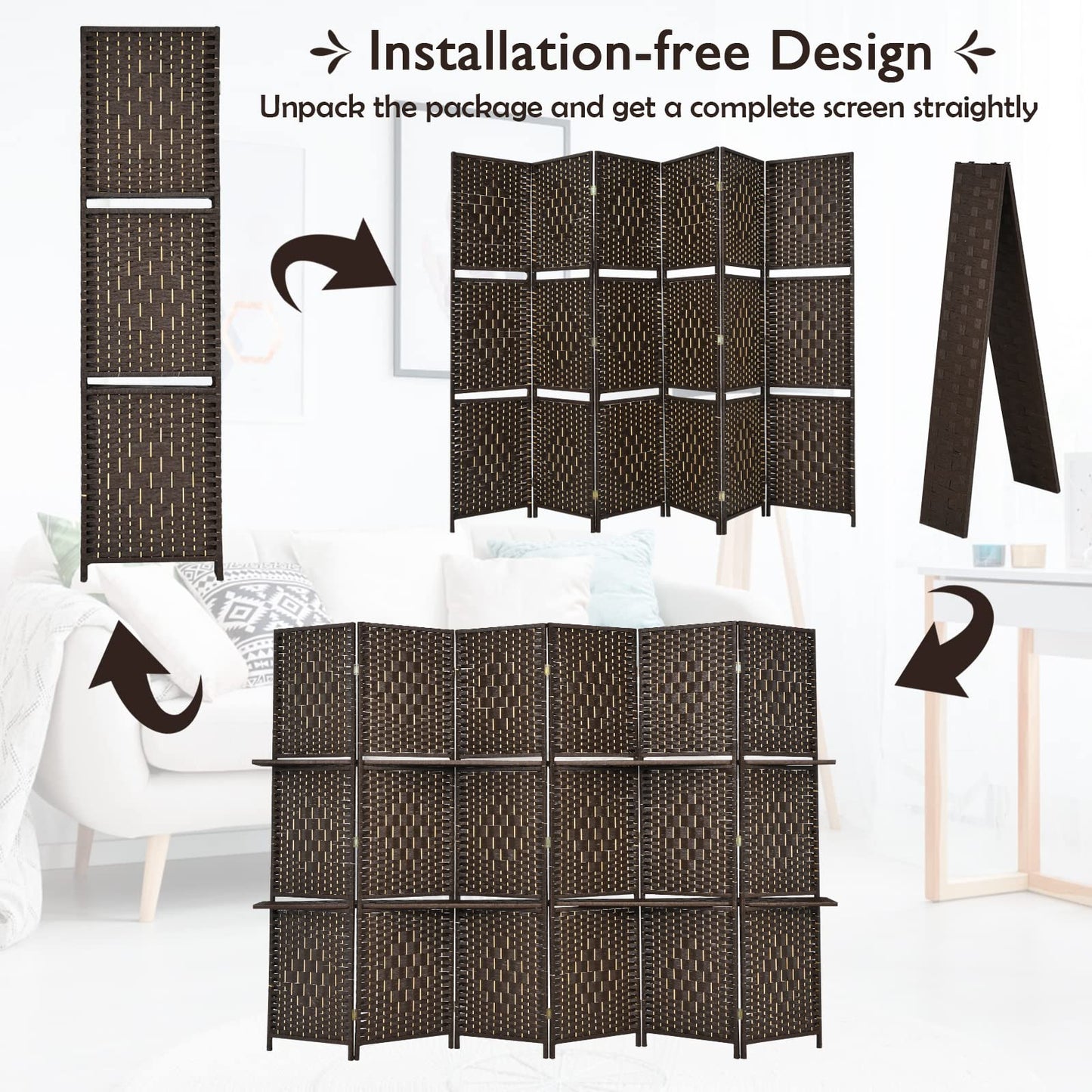 Giantex 6Ft 6 Panel Room Divider with Shelves, Freestanding Hand-Woven Rattan Folding Privacy Screens for Room Separation, Wooden Partition Room Divider Wall for Home Office Studio Separator