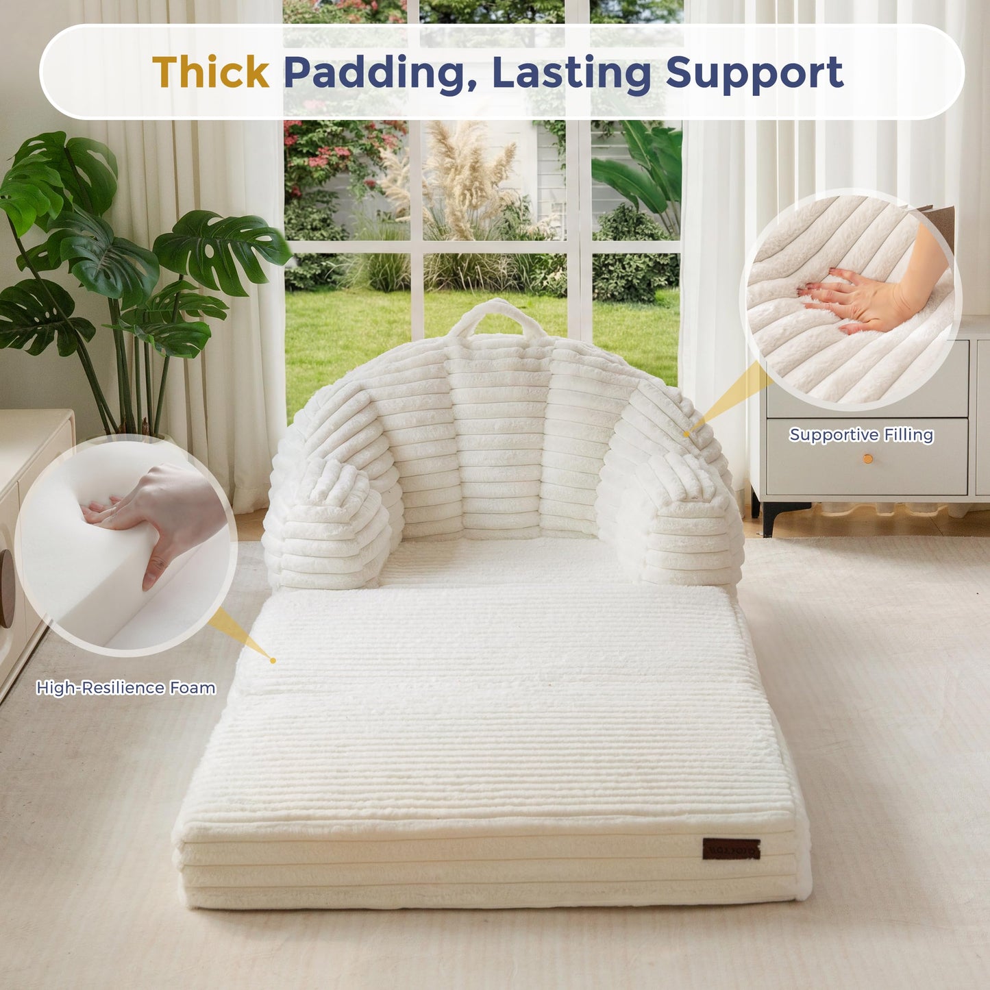 MAXYOYO Folding Sofa Bed, 2 in 1 Convertible Sofa to Lounger Comfy Faux Fur Bean Bag Chair for Adults, Floor Single Couch Chair with Handle, Couch Bed for Living Room Bedroom, Beige