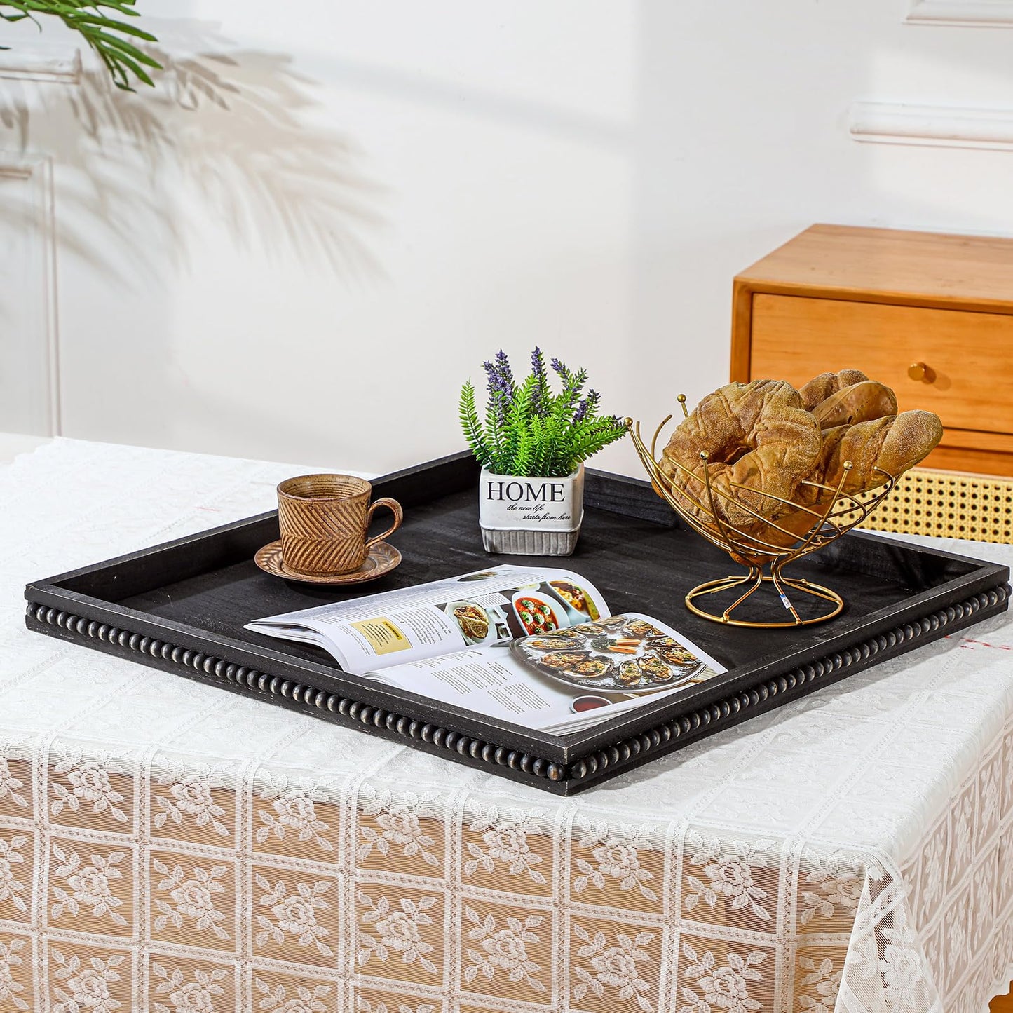 Nuogo Extra Large Square Ottoman Table Tray with Wooden Bead 24 x 24 Inch Washed Wooden Serving Tray Multifunction Decorative Square Ottoman for Coffee Table Platter Room Kitchen Counter (Black)