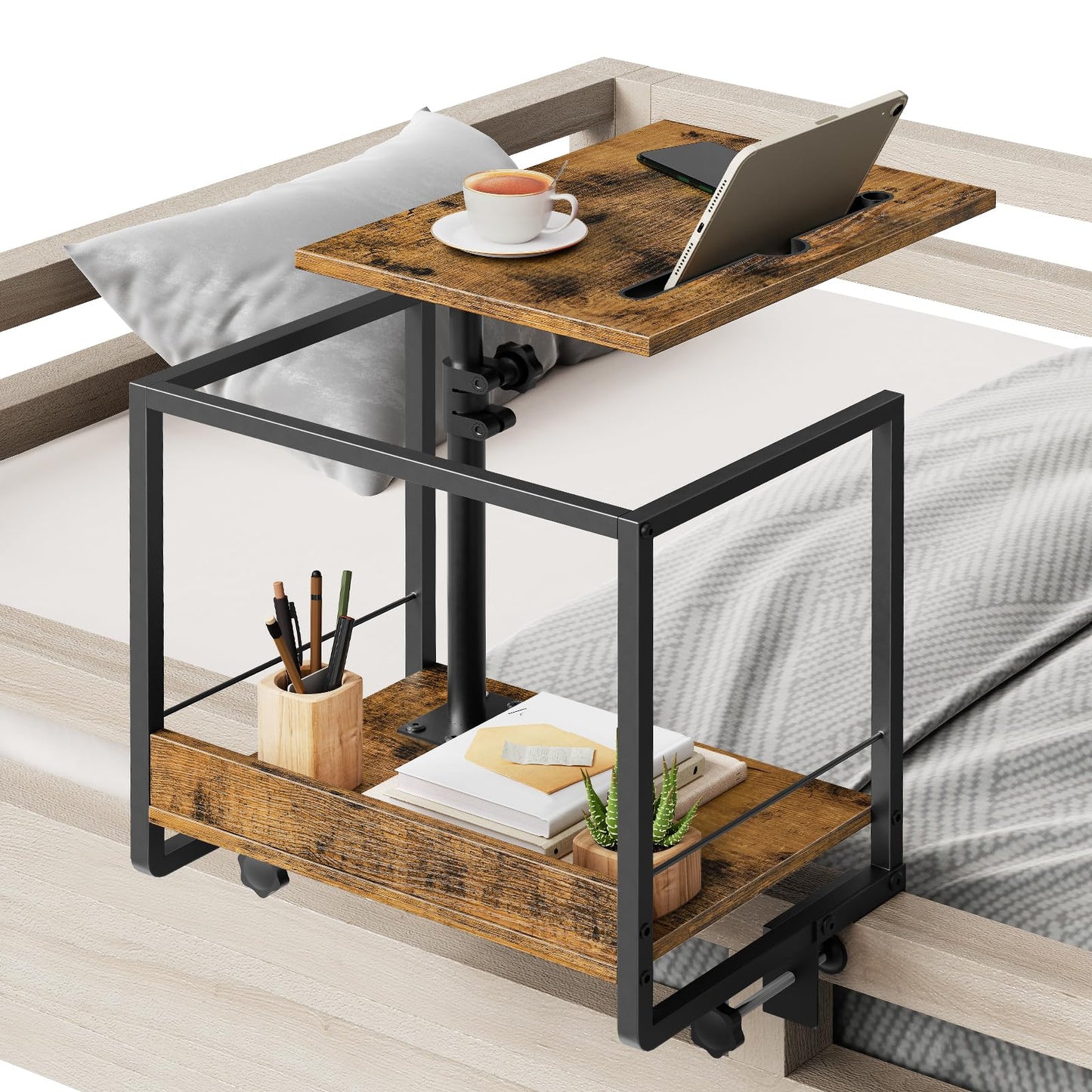 YATINEY Bedside Shelf, Bunk Bed Shelf with Storage and 360° Rotating, Clip-on Loft & Bunk Bed Tray Shelf, Nightstand for College Dorm Room, Apartment, Rustic Brown and Black ET21BR