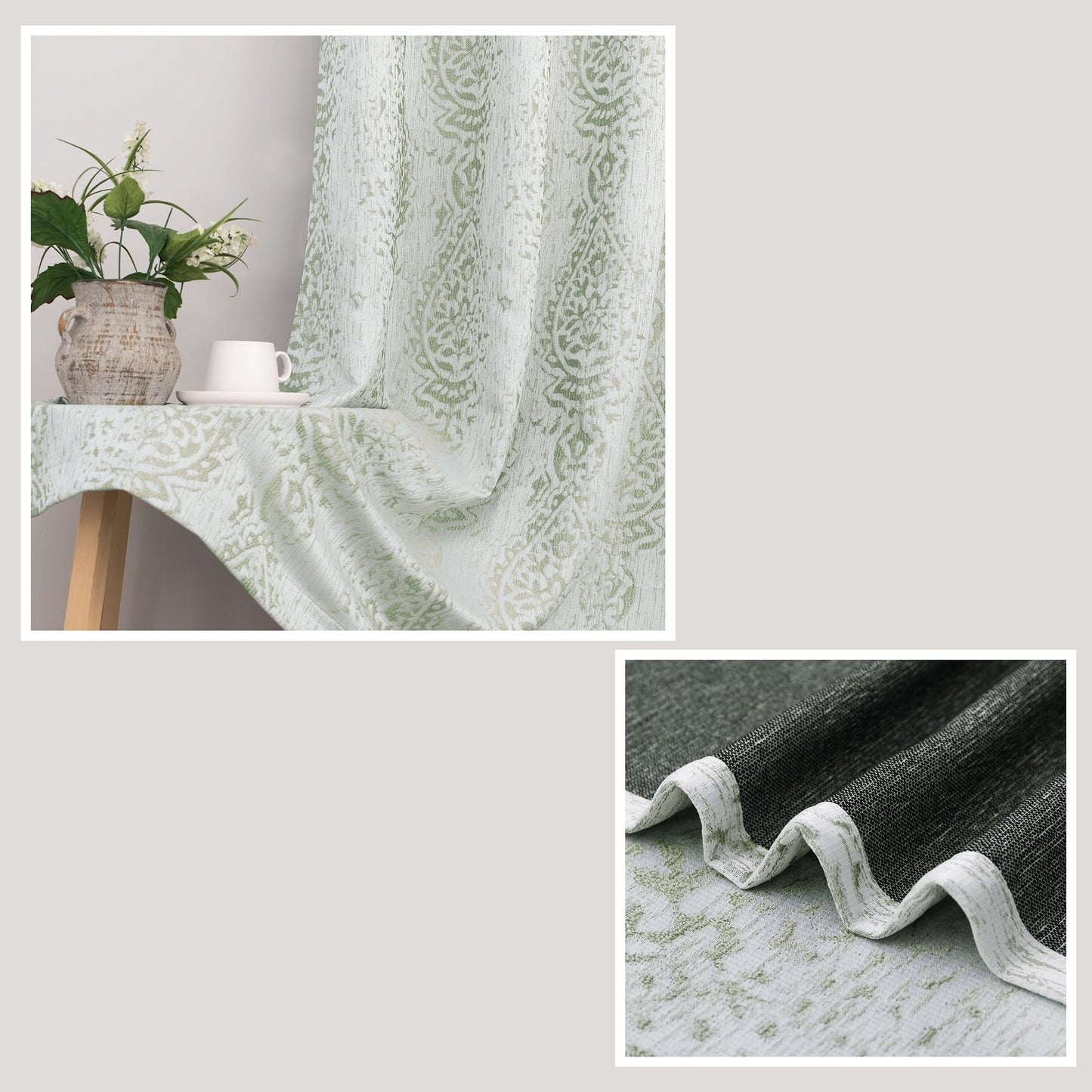 Mrs.Naturall Sage Green 52x45 Inch Curtains Medallion Pattern Room Darkening Window for Kitchen Bedroom