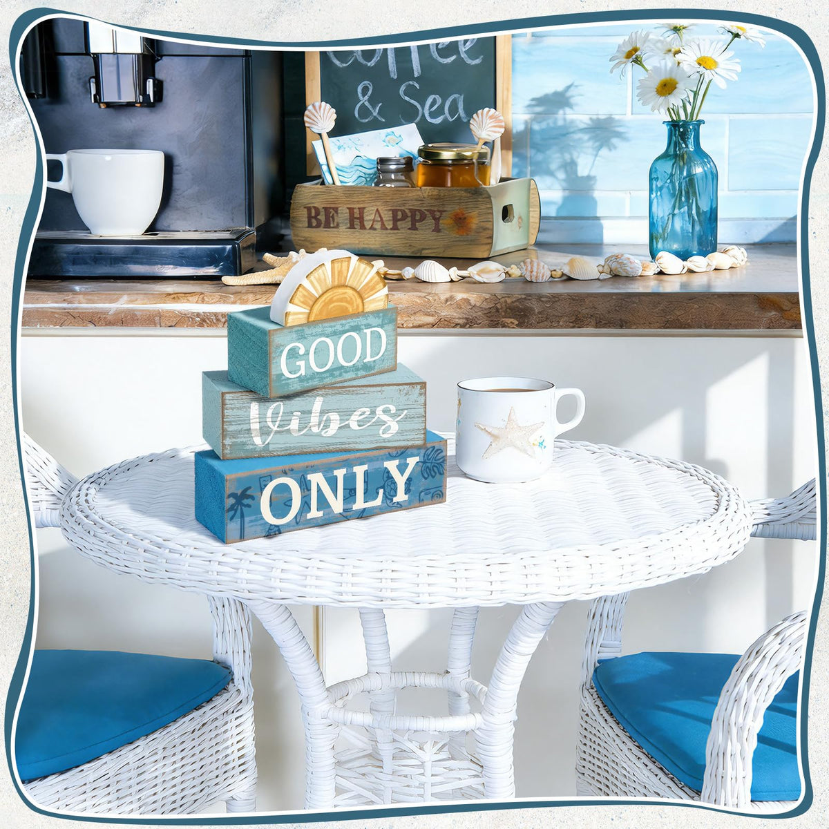Lineshading 4 Pcs Beach Themed Table Decor Good Vibes Only Wood Block Sign Wooden Sunshine Beach Tiered Tray Decorations Summer Centerpiece Decor Funny Farmhouse Summer Decorations for Home Shelf