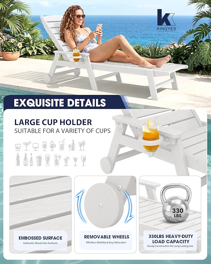KINGYES HDPE Lounge Chair Outdoor Set of 2, Patio Chaise Lounge Recliner