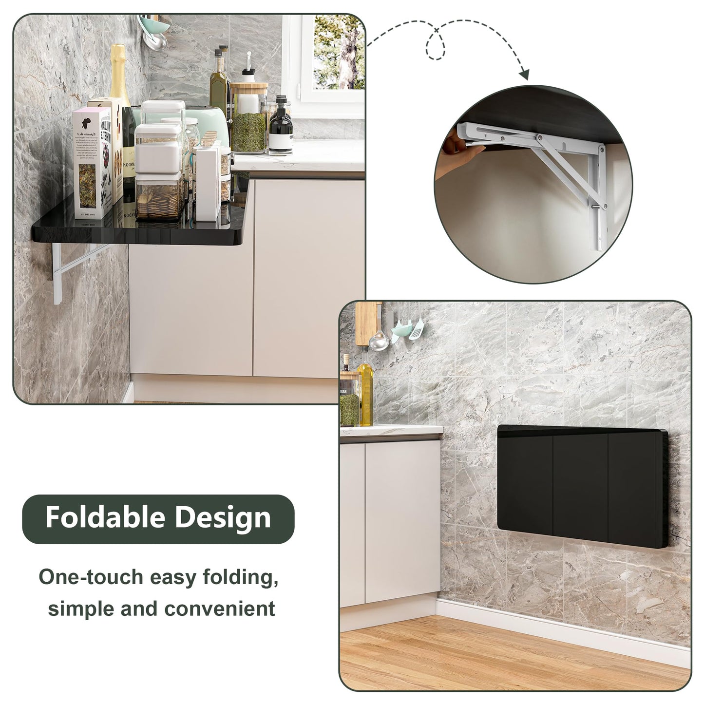 Clikuutory Wall Mounted High Gloss Folding Table, Wall Desk Fold Down for Small Spaces, Folding Workbench for Laundry Room, Home Office, Kitchen, Bedroom, Home Bar, Black(31.5"×15.7")