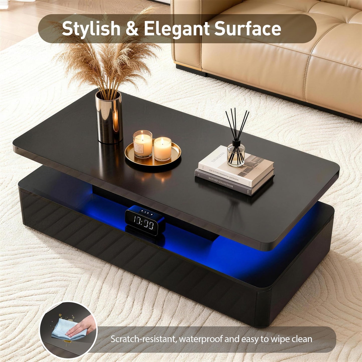 OneBlis 47" Modern Coffee Table with 16 Colors LED Lights, 2 Tier Rectangular Center Table with Large Storage Space, Stylish High Glossy Wooden Tea Tables for Living Room, Bedroom, Home Office, Black