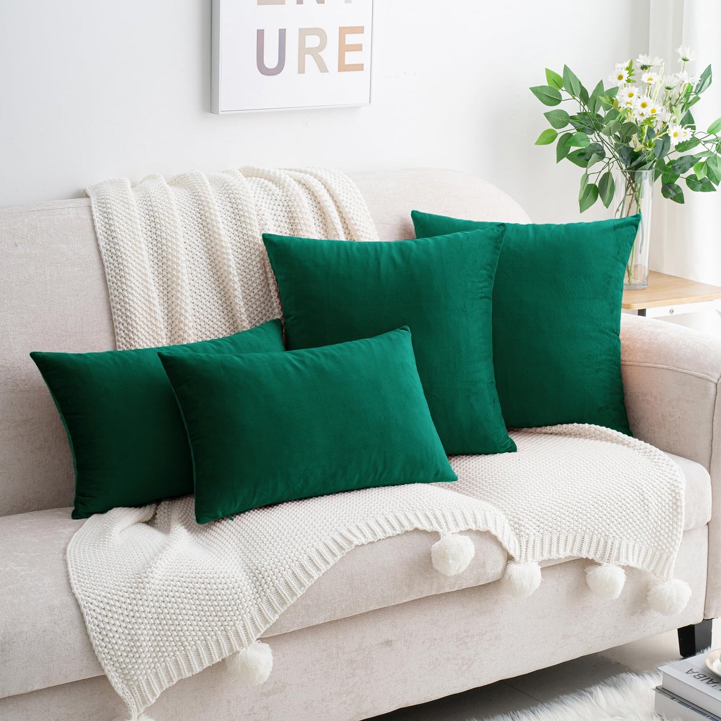 HWY 50 Dark Green Velvet Throw Pillow Covers 18x18 Inch, Pack of 2 Soft Cozy Solid Decorative Luxury Cushion Cases for Couch Sofa Bed Living Room Bedroom