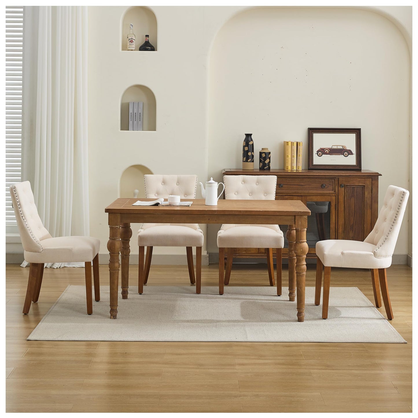 UDAX Upholstered Tufted Dining Chairs Set of 4, Fabric Side Dining Room Chairs with Nailhead Back Ring Pull Trim Solid Wood Legs, Beige