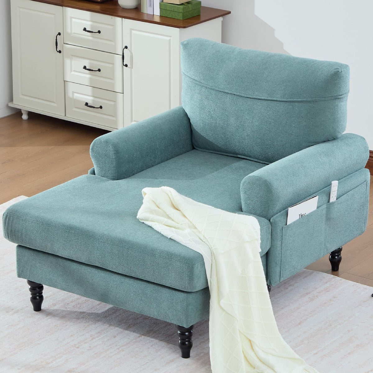 KEIKI Chaise Lounge Chair Indoor, Oversized Accent Chenille Armchair with Storage, Leisure Sleeper Single Sofa Side Chair, Corner Recliner Arm Chairs for Living Room Reading, Easy Assembly, Mint Green