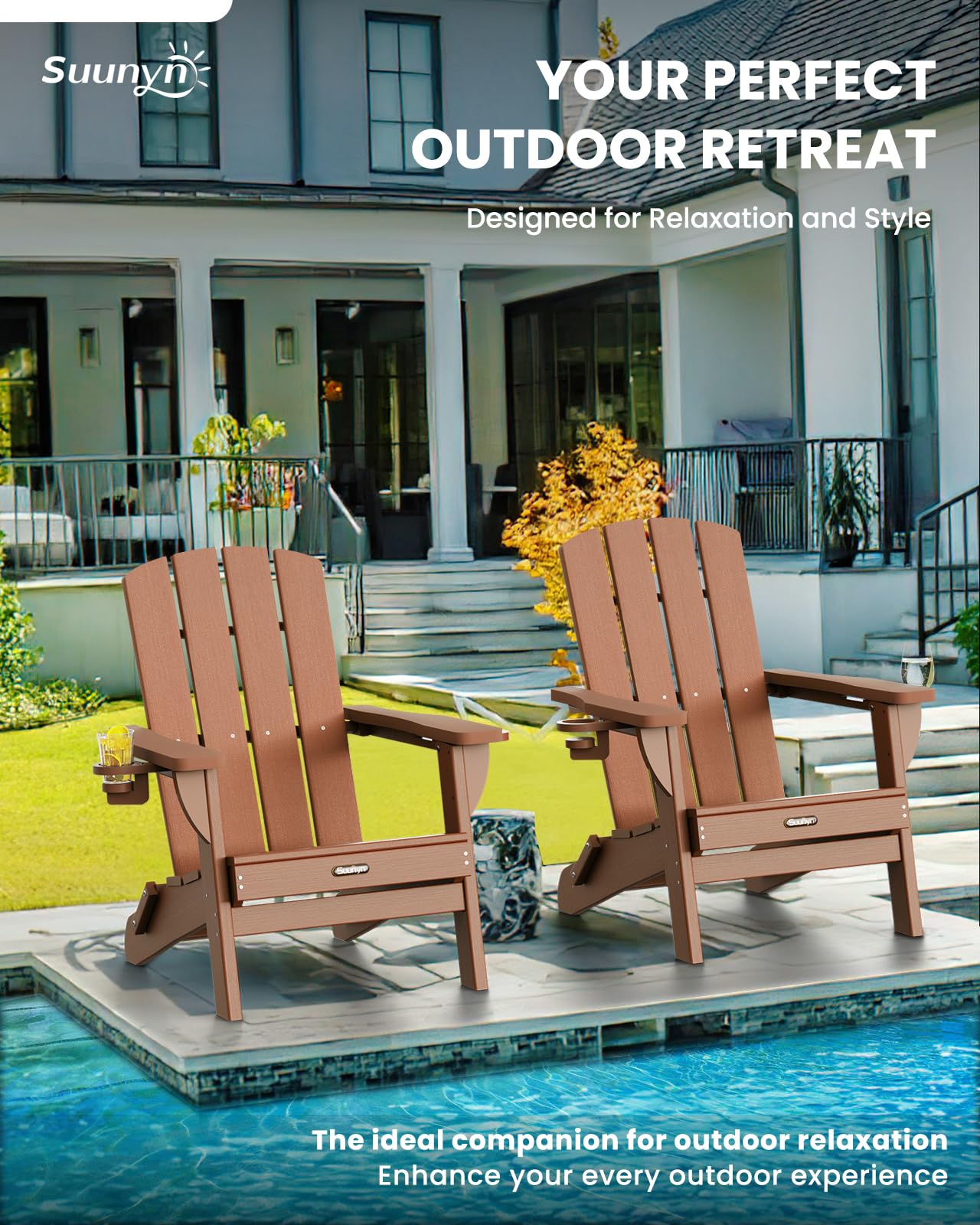 SUUNYN Folding Adirondack Chair, HDPE Adirondack Chairs with 2 Cup Holder, Plastic All-Weather Fire Pit Chairs, Outdoor Lawn Chair for Patio Garden (Teak)