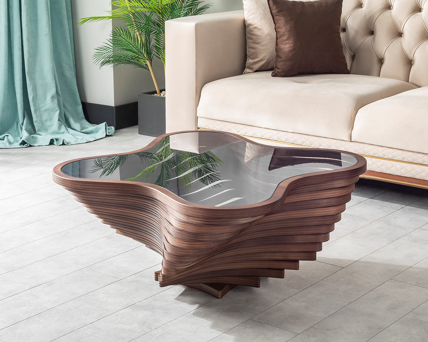 Papella Design Modern Coffee Table – Natural Walnut Veneer, Tempered Glass Top, Layered Wave Design, Rustic Wood, Contemporary Living Room Table, Luxury Home & Office Decor, Mesa de Centro para Sala.