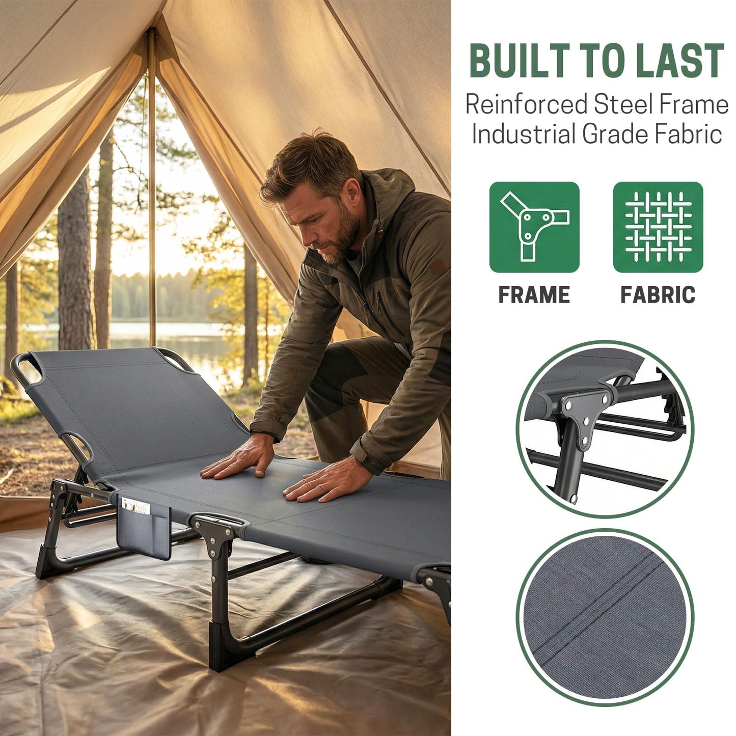 Mopaicot Folding Camping Cot for Adults, Adjustable 4-Position Reclining Chair with Mattress and Pillow, Lounge Chair Camp Cots Bed for Sleeping, Travel, Garden, Pool, or Office Nap (Gray)
