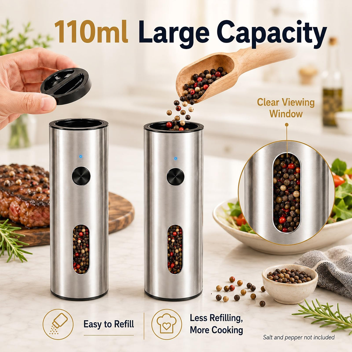 TeSabMi Electric Salt and Pepper Grinder Set, Rechargeable with USB C Charging Base, 110ml Large Capacity, 5-Level Adjustable Coarseness, Stainless Steel, LED Light, Automatic